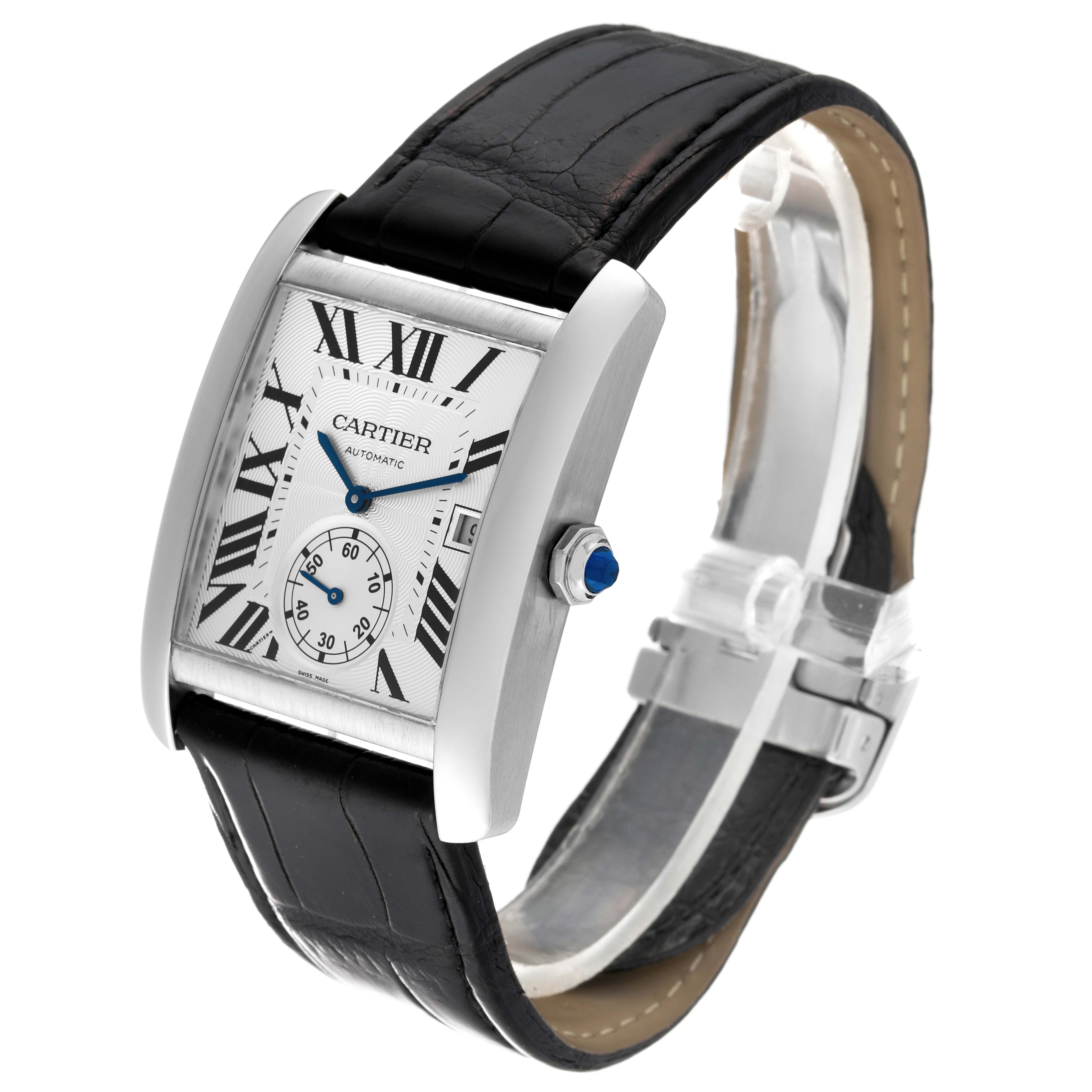 The Cartier Tank MC W5330003 Men's Stainless Steel Silver Dial W5330003 Men's Stainless Steel Silver Dial watch is shown at a three-quarter angle, highlighting the face, crown, and leather strap.