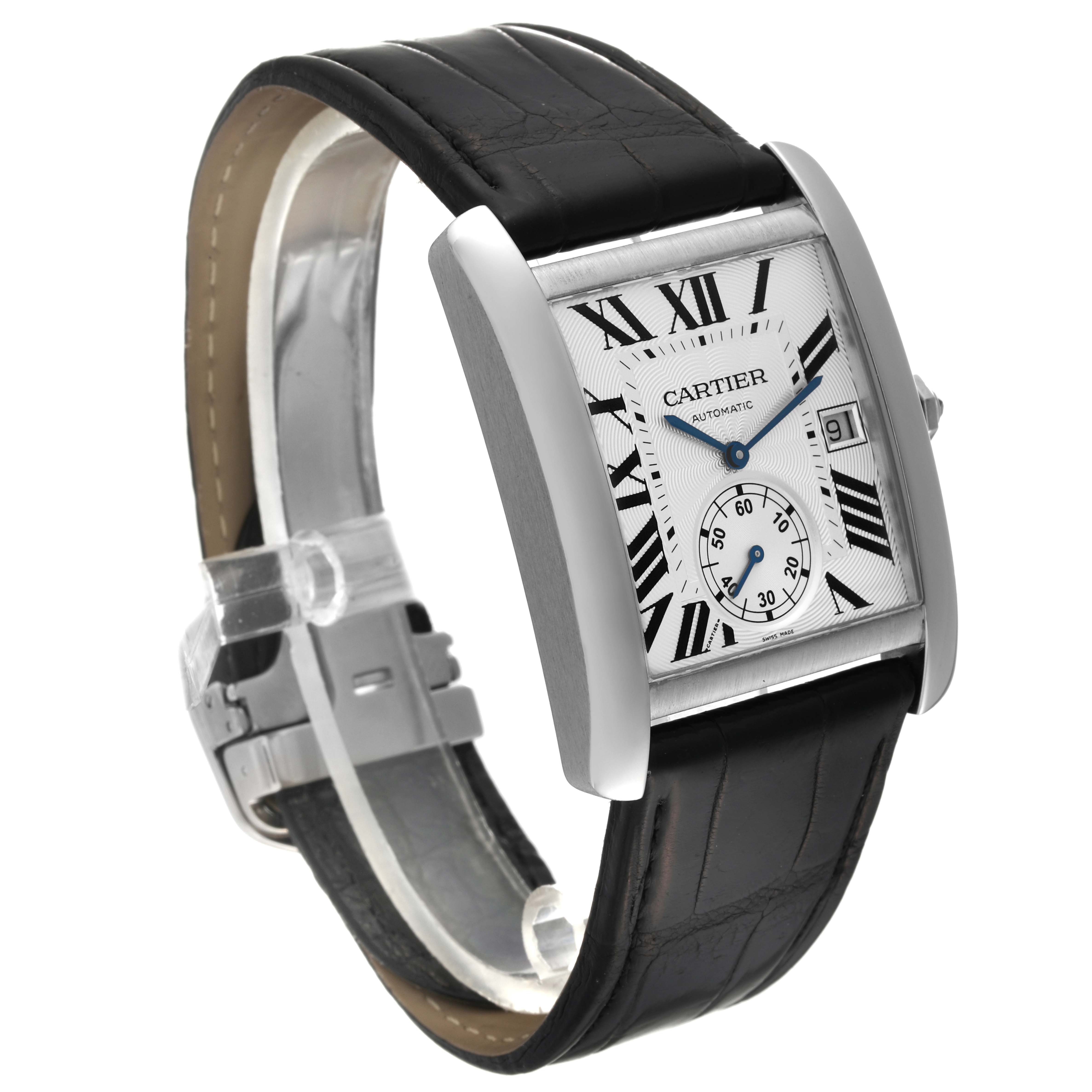 This image shows a Cartier Tank MC W5330003 Men's Stainless Steel Silver Dial W5330003 Men's Stainless Steel Silver Dial model watch at a 3/4 angle, highlighting the face, bezel, and strap.