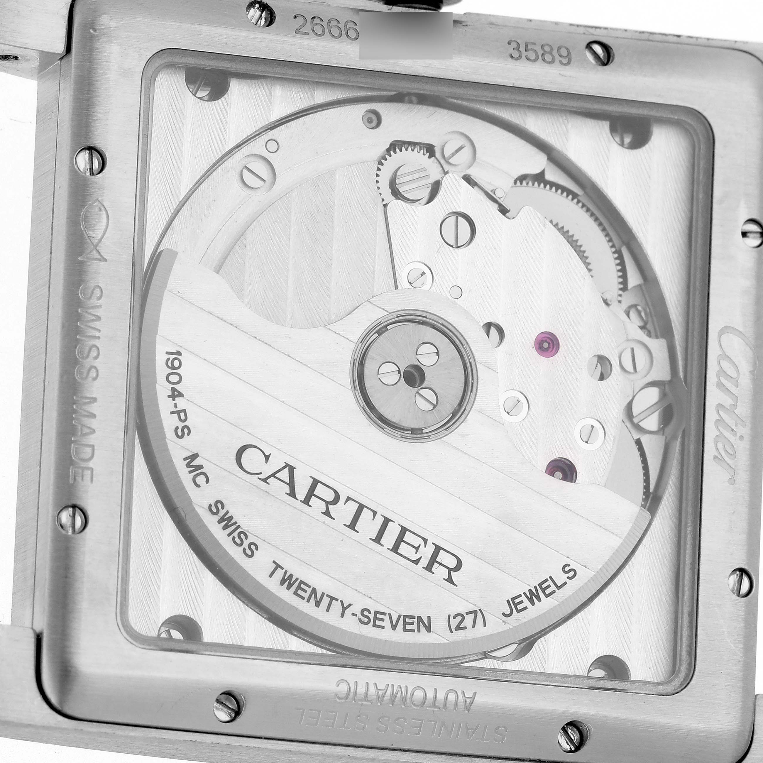 This image shows the back view of the Cartier Tank MC W5330003 Men's Stainless Steel Silver Dial W5330003 Men's Stainless Steel Silver Dial watch, focusing on its 1904-PS MC movement and internal components.