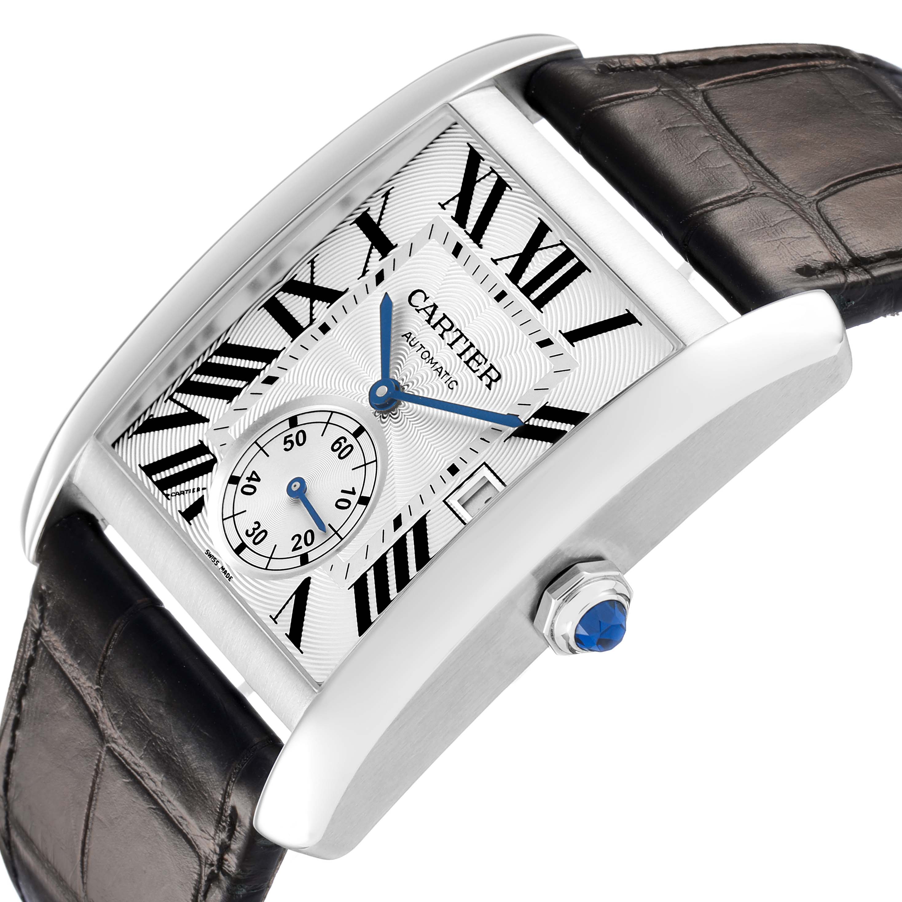 The Cartier Tank MC W5330003 Men's Stainless Steel Silver Dial watch is shown at a three-quarter angle, highlighting the face, strap, sapphire crown, and side profile.
