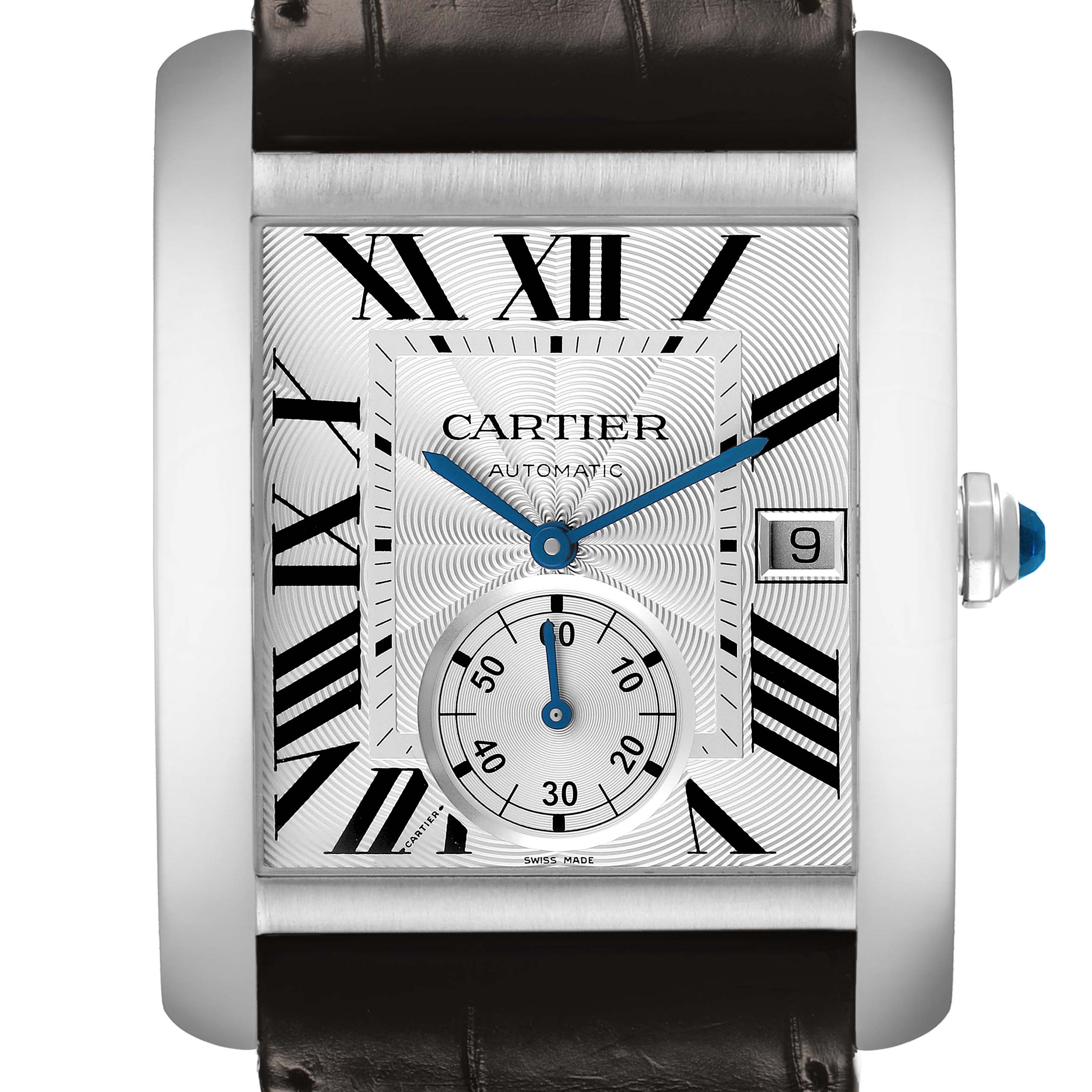 The Cartier Tank MC W5330003 Men's Stainless Steel Silver Dial watch is shown from the front, displaying the face, Roman numerals, and the crown on the side.