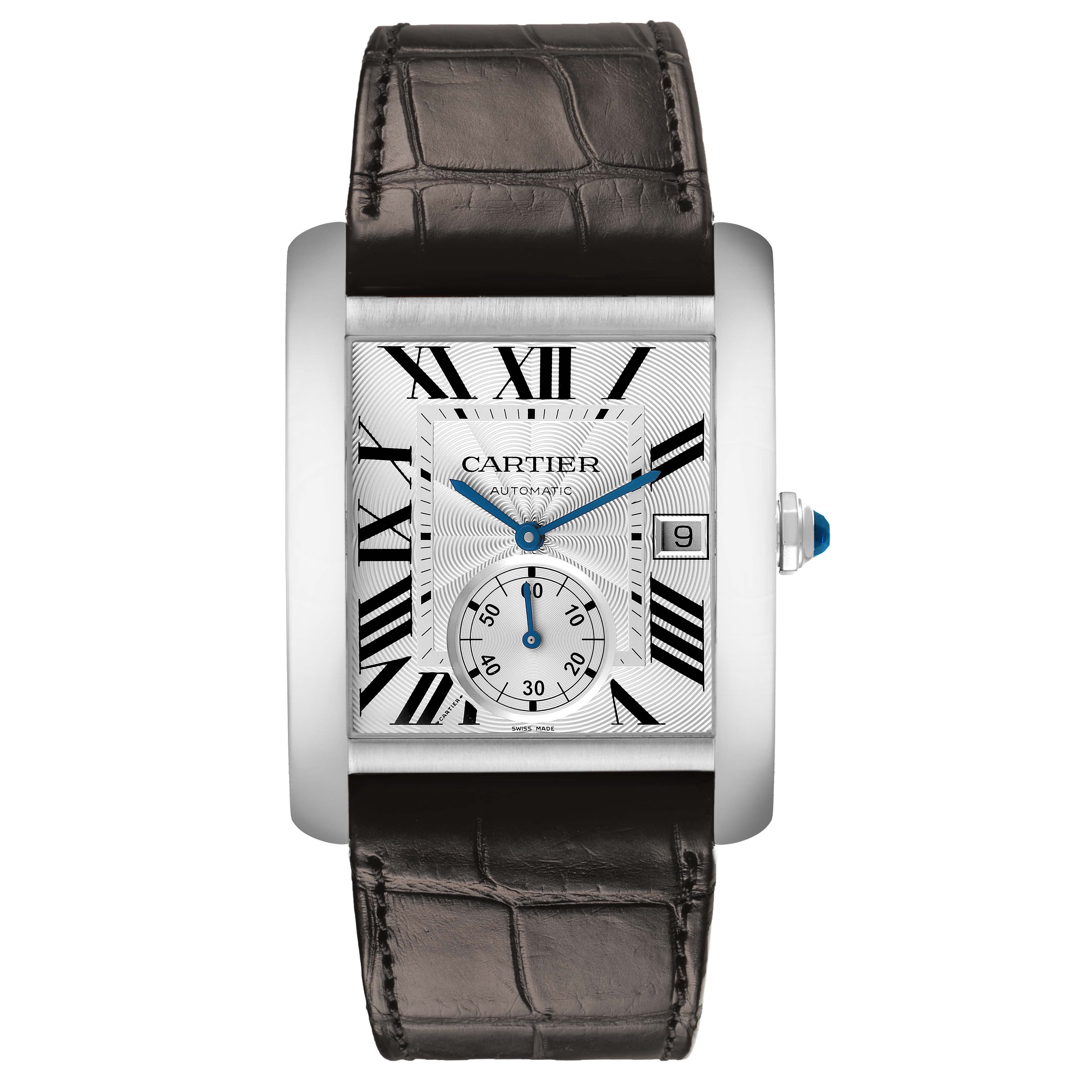 The Cartier Tank MC W5330003 Men's Stainless Steel Silver Dial watch is shown from a frontal angle, highlighting its square face, Roman numerals, and leather strap.