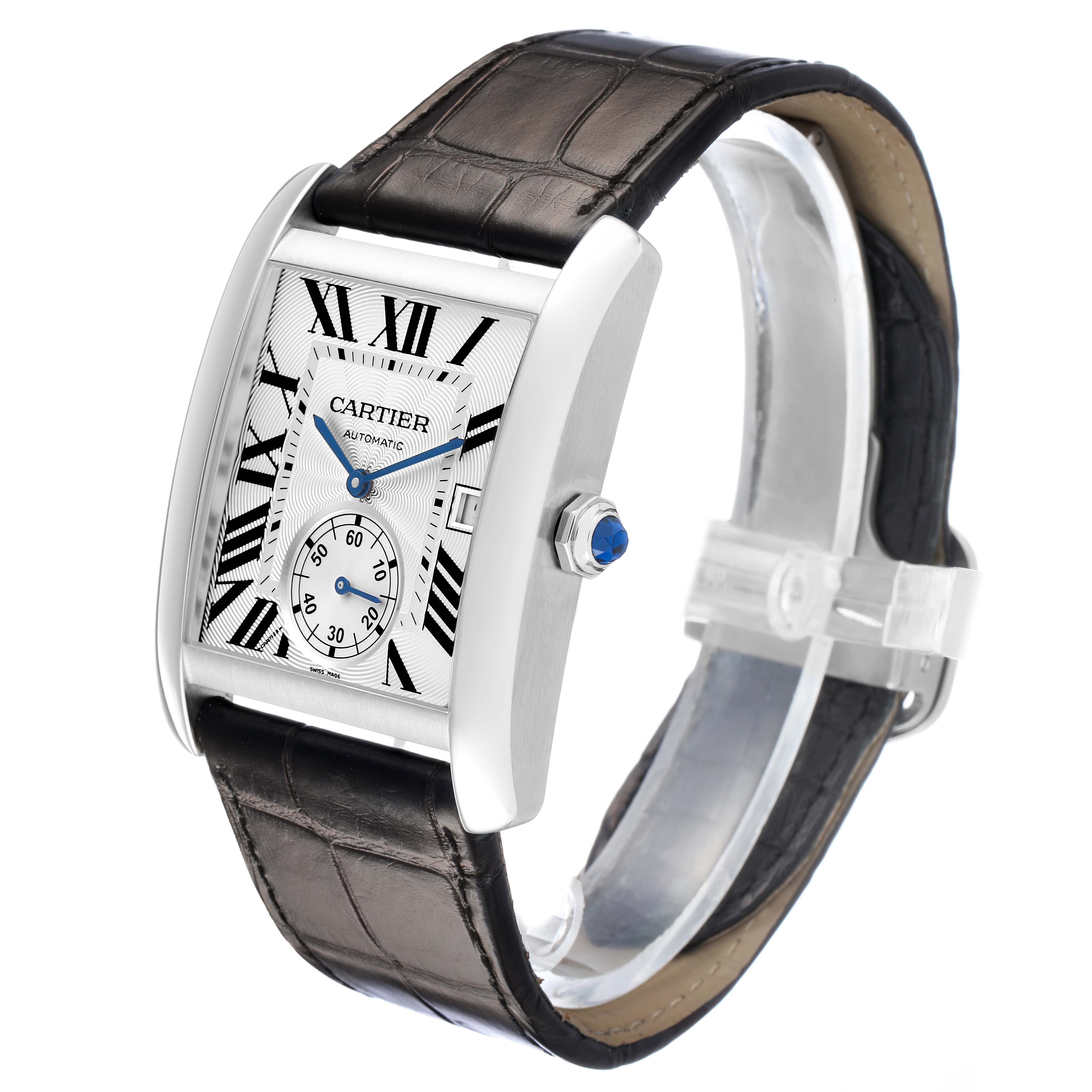 The Cartier Tank MC W5330003 Men's Stainless Steel Silver Dial watch is shown at an angle highlighting the face, crown, and strap details.