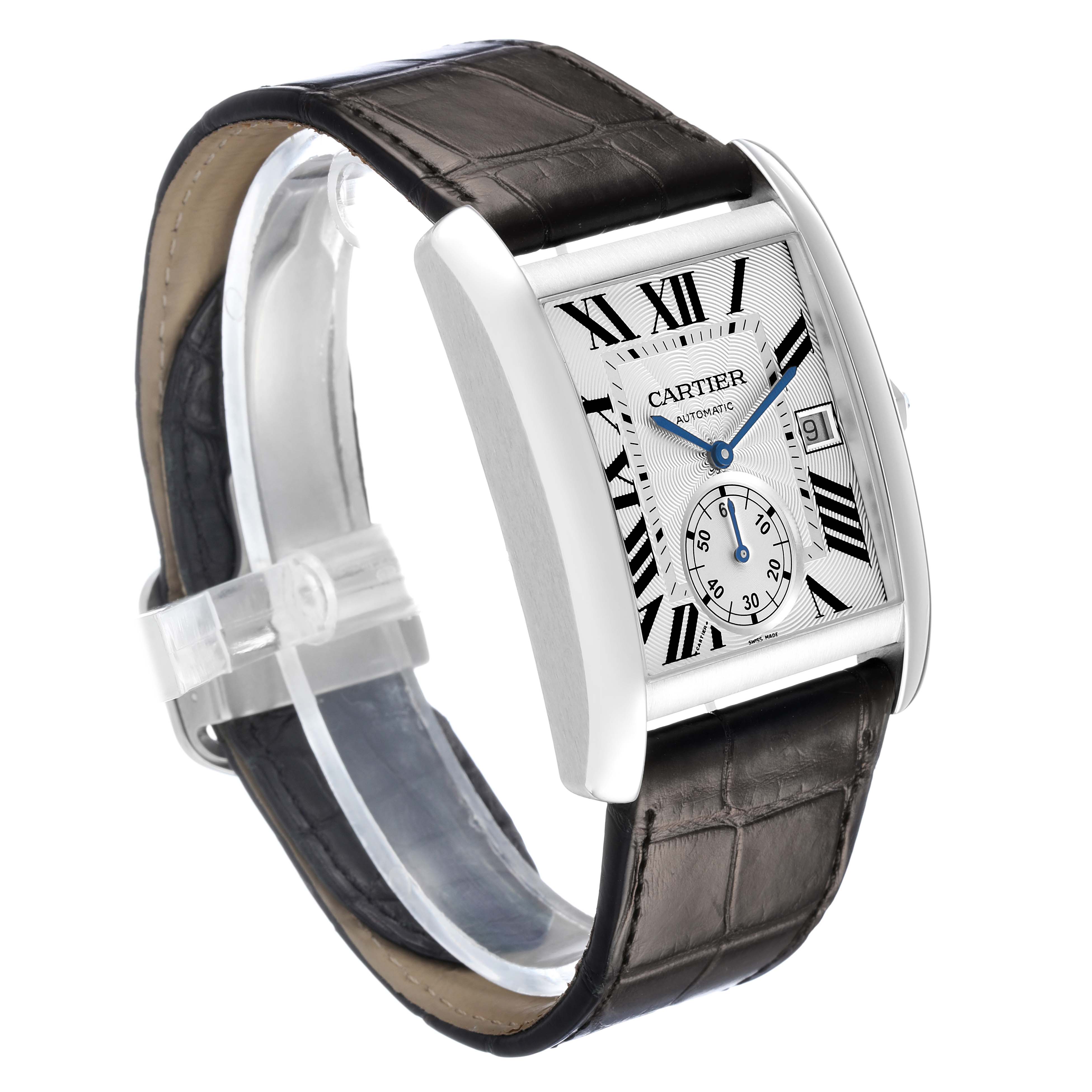 The Cartier Tank MC W5330003 Men's Stainless Steel Silver Dial watch is shown at a three-quarter angle, displaying its face, strap, and side view.
