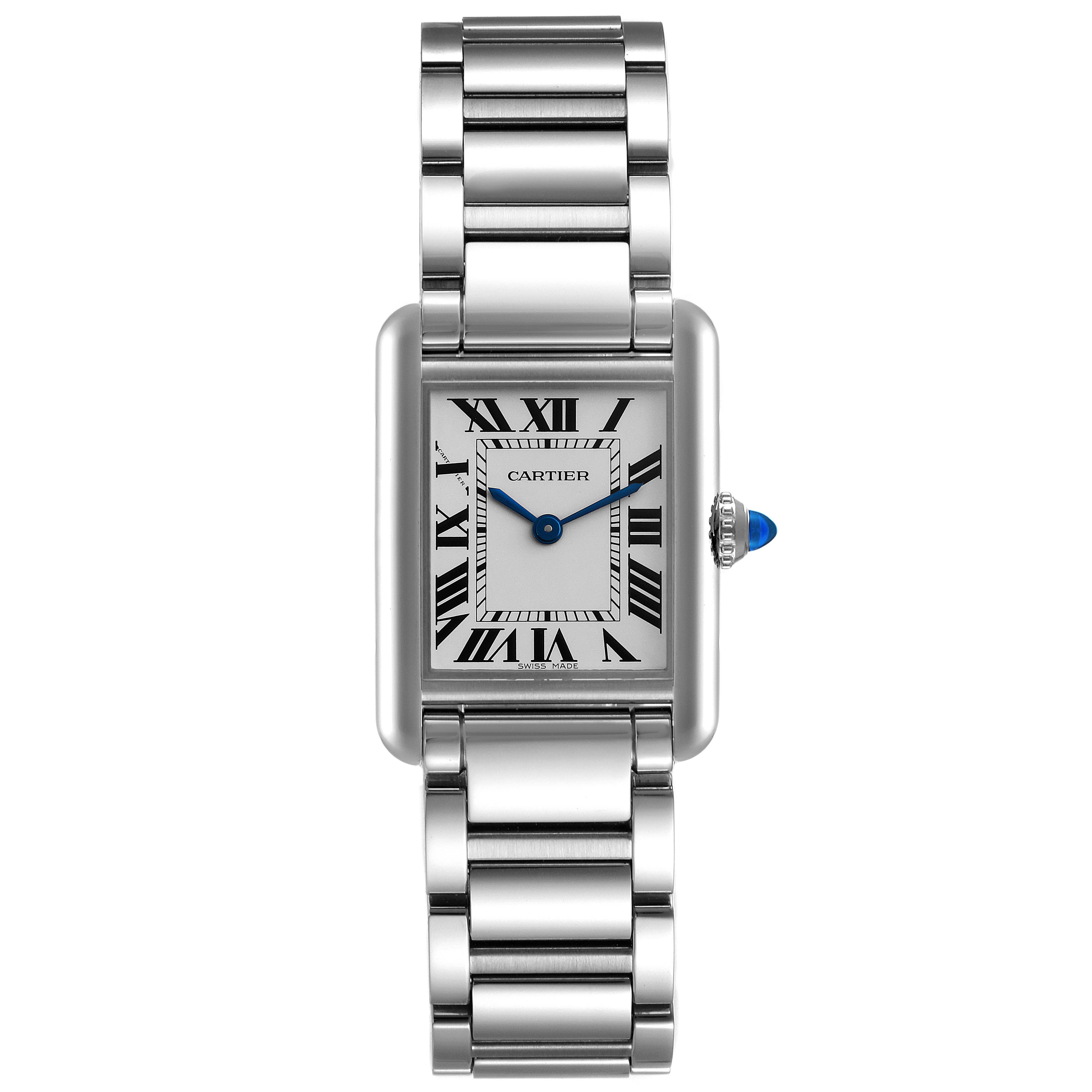 The image shows a frontal view of the Cartier Tank Must WSTA0051 Women's Stainless Steel Silver Dial WSTA0051 Women's Stainless Steel Silver Dial watch, highlighting its face, bracelet, and crown.
