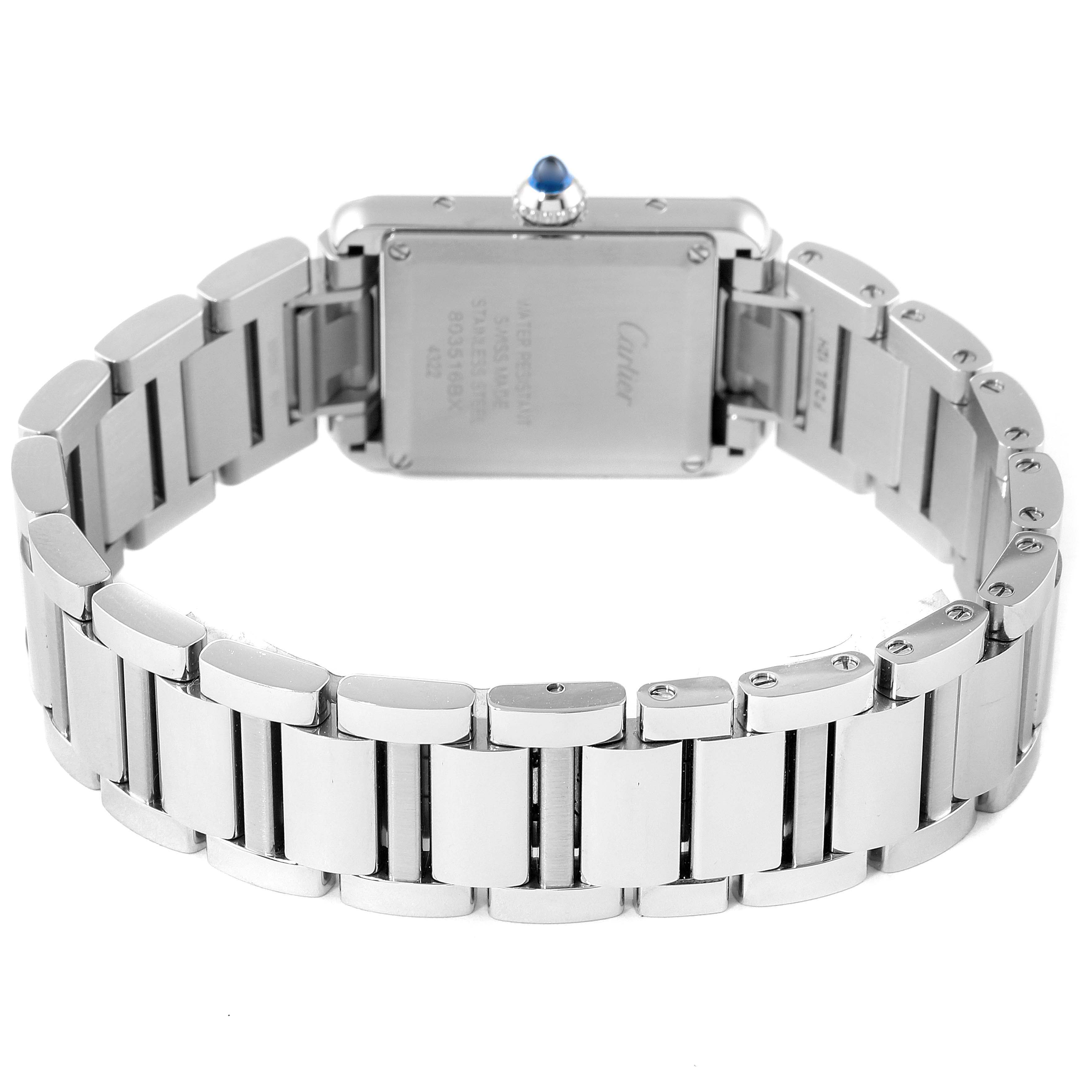 This image shows the back view of a silver Cartier Tank Must WSTA0051 Women's Stainless Steel Silver Dial WSTA0051 Women's Stainless Steel Silver Dial watch, specifically highlighting the case back and bracelet.