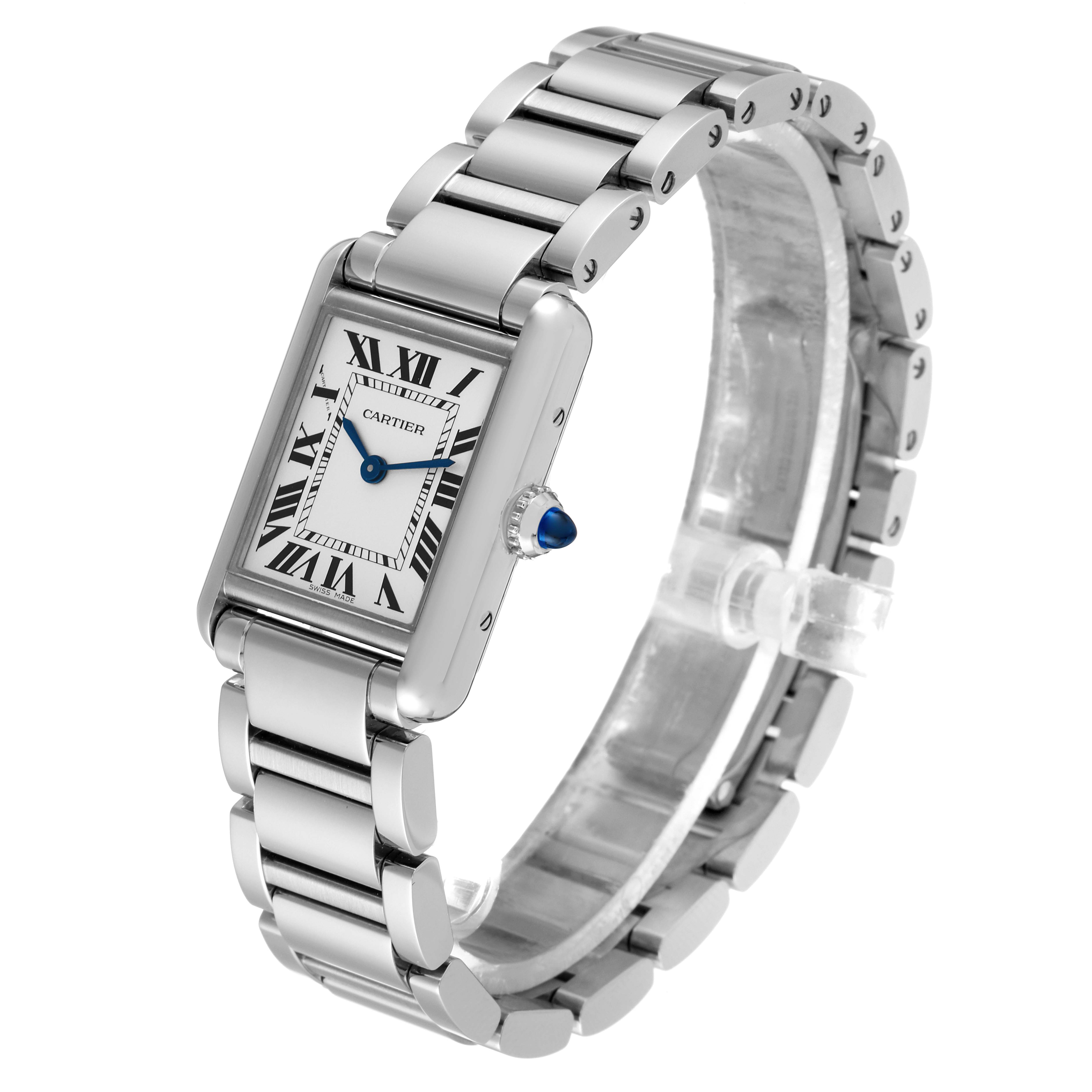 This image shows a Cartier Tank Must WSTA0051 Women's Stainless Steel Silver Dial WSTA0051 Women's Stainless Steel Silver Dial watch at a slight angle, displaying the face, bracelet, and crown.