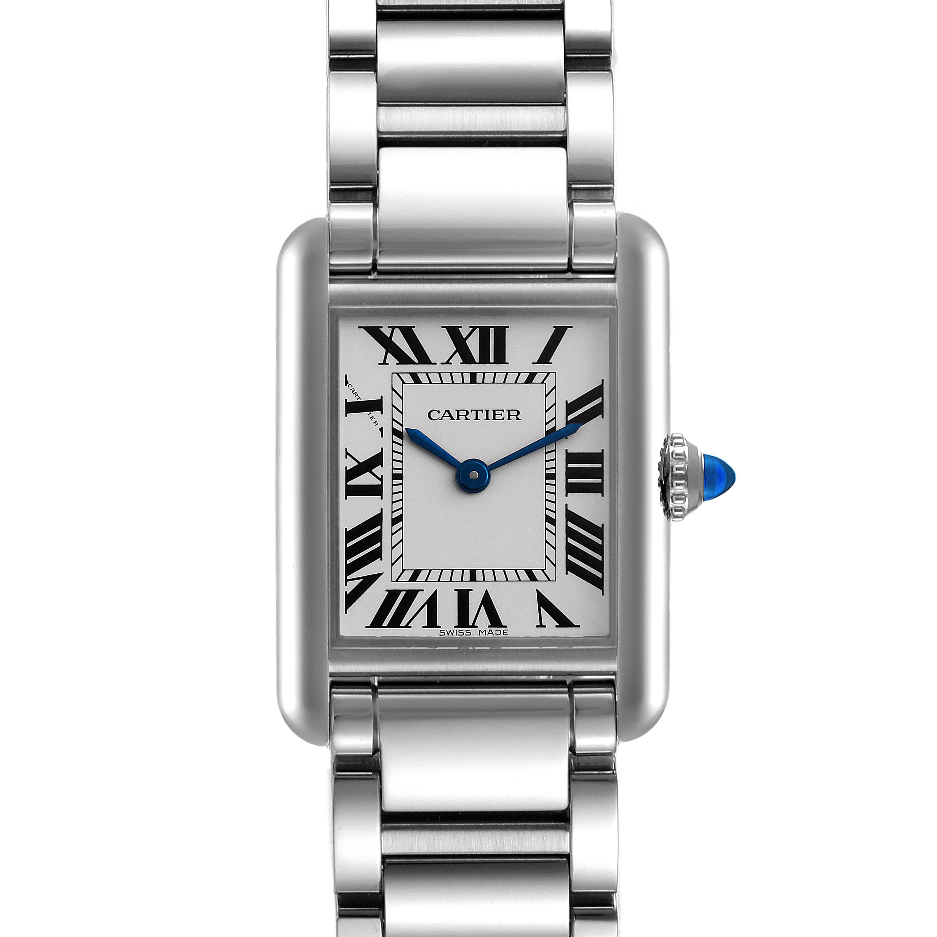 This is a front-facing view of the Cartier Tank Must WSTA0051 Women's Stainless Steel Silver Dial WSTA0051 Women's Stainless Steel Silver Dial watch, showing the dial, crown, and stainless steel bracelet.