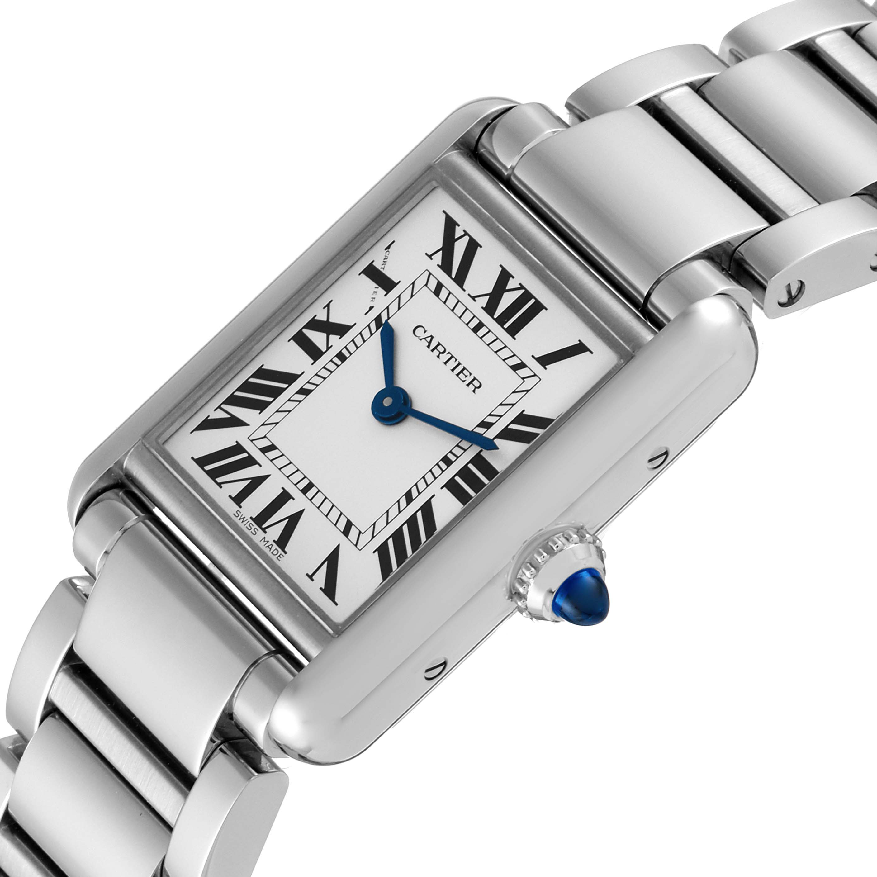 The image shows the face, crown, and part of the bracelet of the Cartier Tank Must WSTA0051 Women's Stainless Steel Silver Dial WSTA0051 Women's Stainless Steel Silver Dial watch.