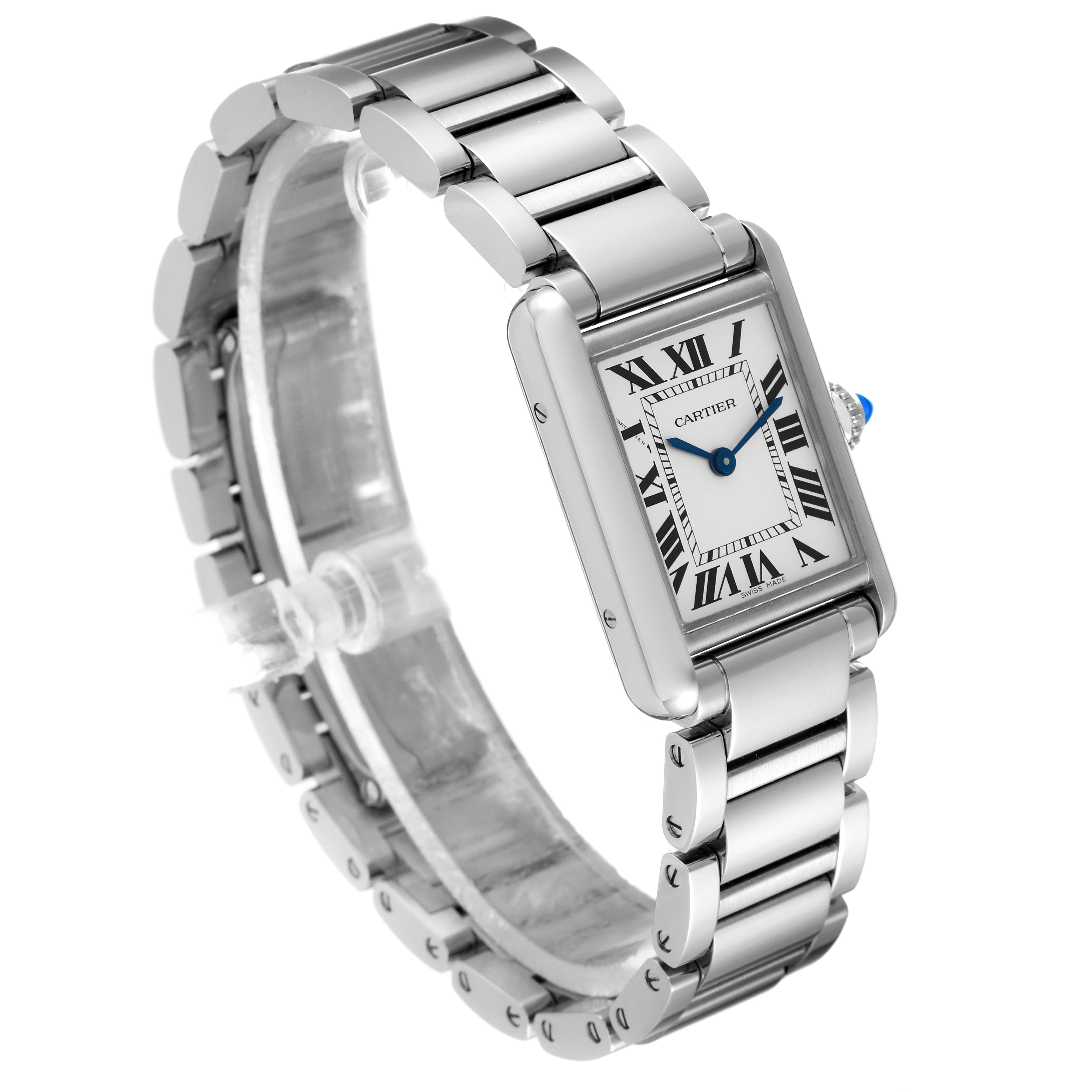 The image shows a Cartier Tank Must WSTA0051 Women's Stainless Steel Silver Dial WSTA0051 Women's Stainless Steel Silver Dial watch at a slight angle, highlighting its rectangular face, Roman numerals, and metal bracelet.