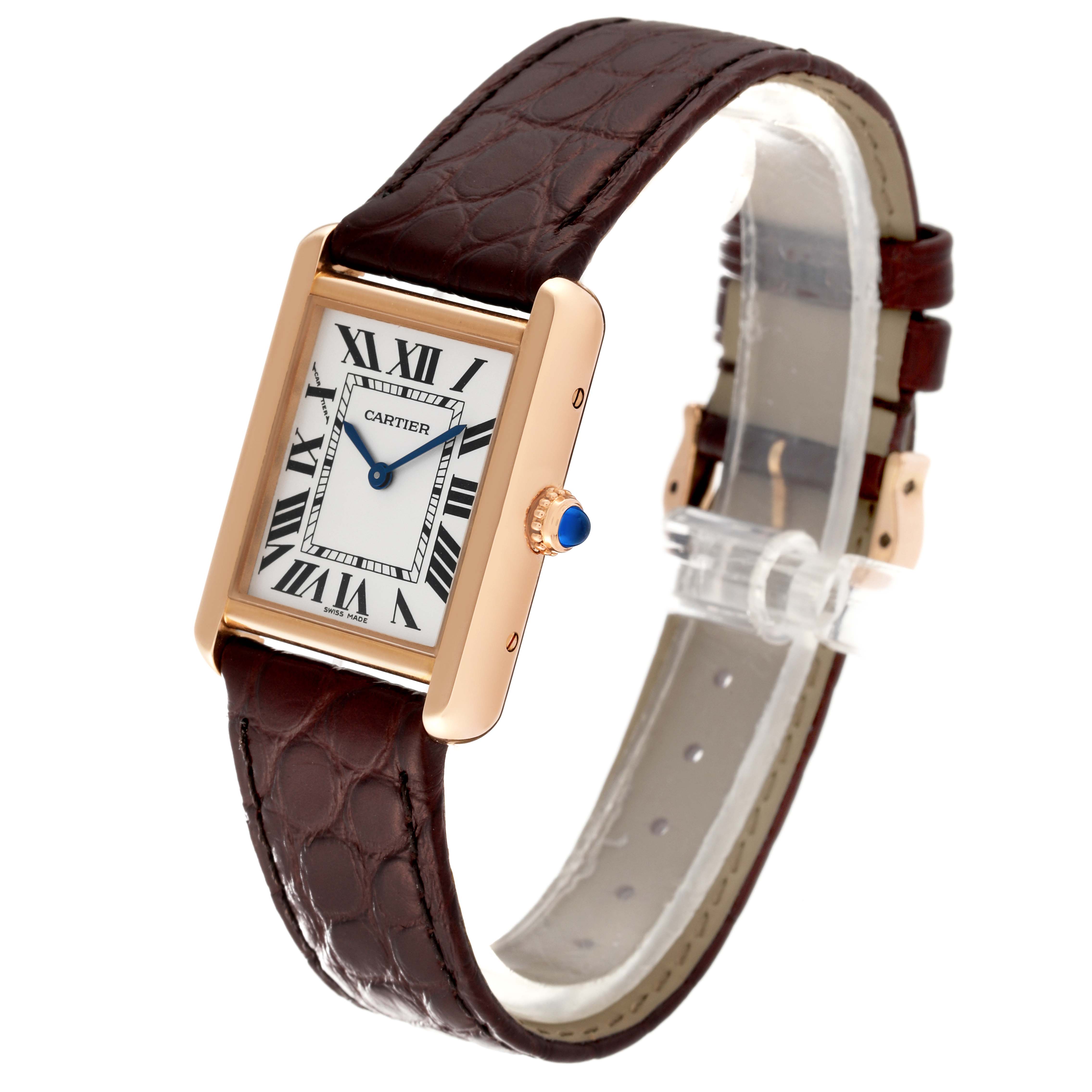 The image shows a Cartier Tank Solo W5200024 Women's Rose Gold Silver Dial W5200024 Women's Rose Gold Silver Dial watch with a close-up angle highlighting the face, strap, and crown.