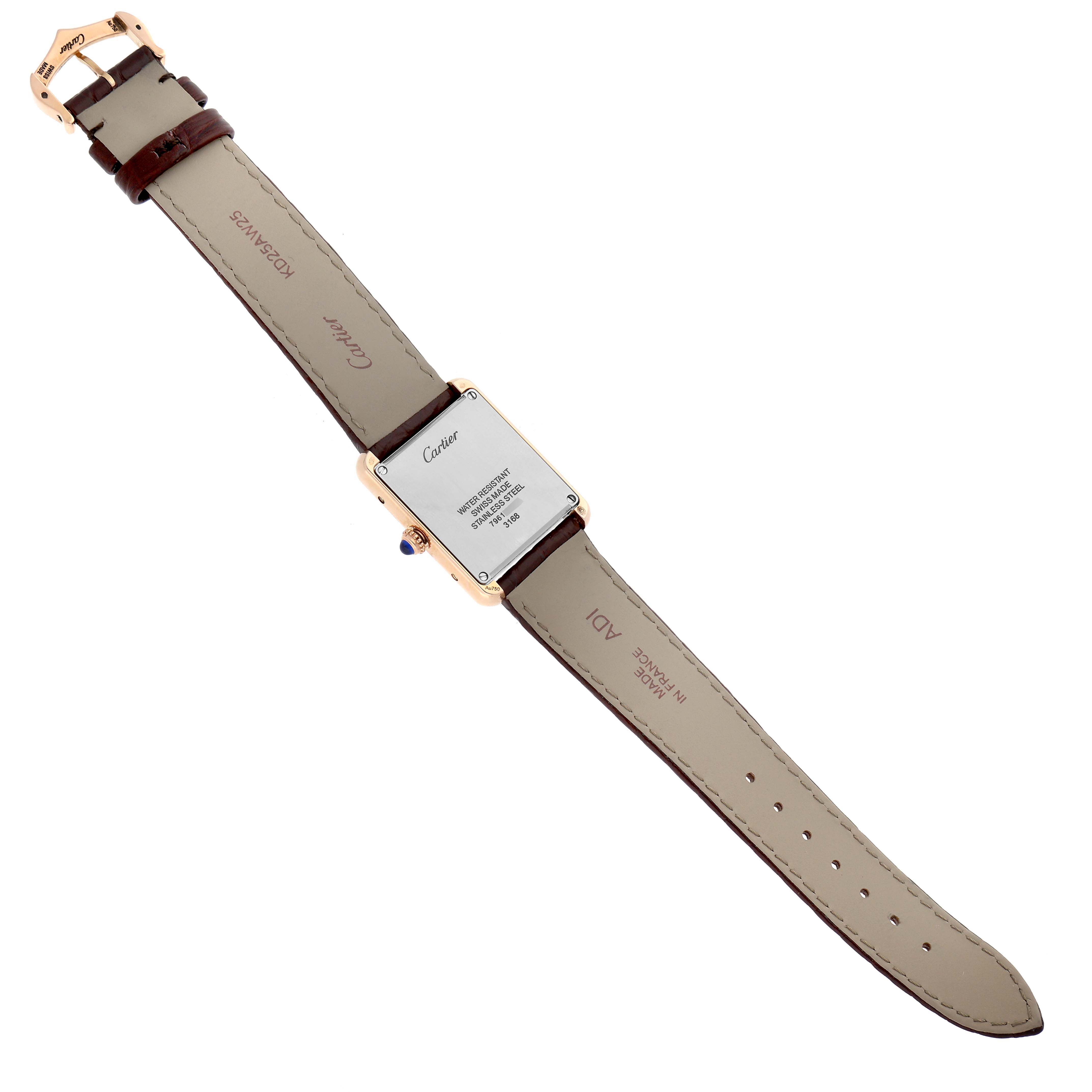 This image shows the back view of a Cartier Tank Solo W5200024 Women's Rose Gold Silver Dial W5200024 Women's Rose Gold Silver Dial watch, displaying the strap and case back.