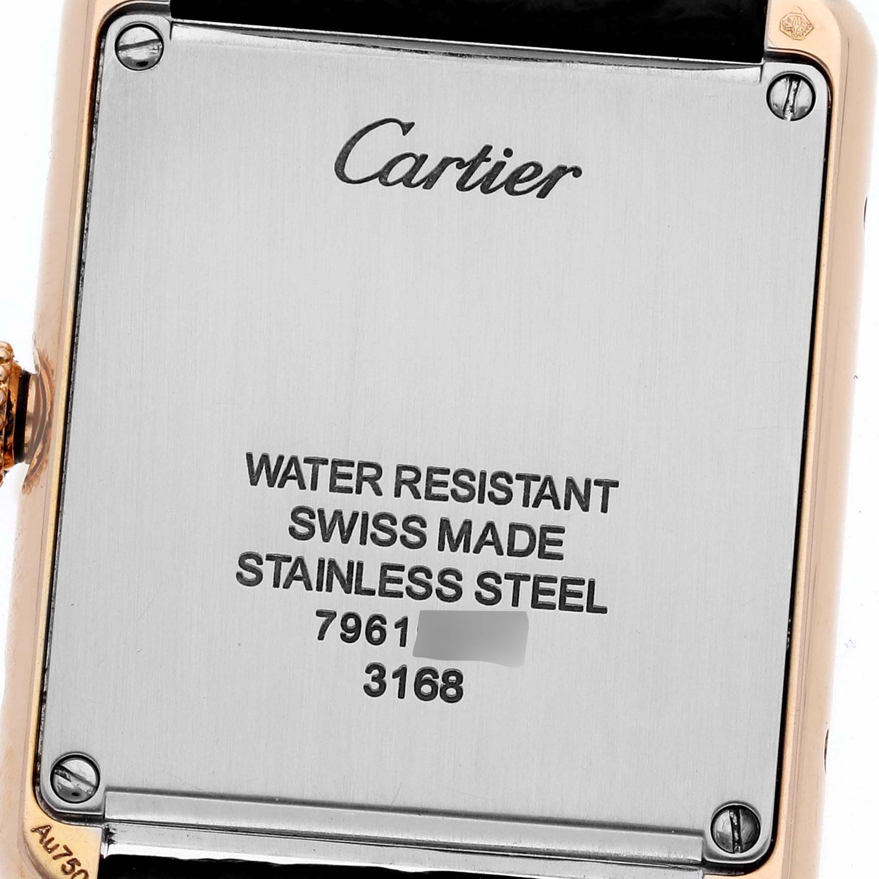 This image shows the case back of a Cartier Tank Solo W5200024 Women's Rose Gold Silver Dial W5200024 Women's Rose Gold Silver Dial watch, highlighting its water resistance, Swiss craftsmanship, and materials used.