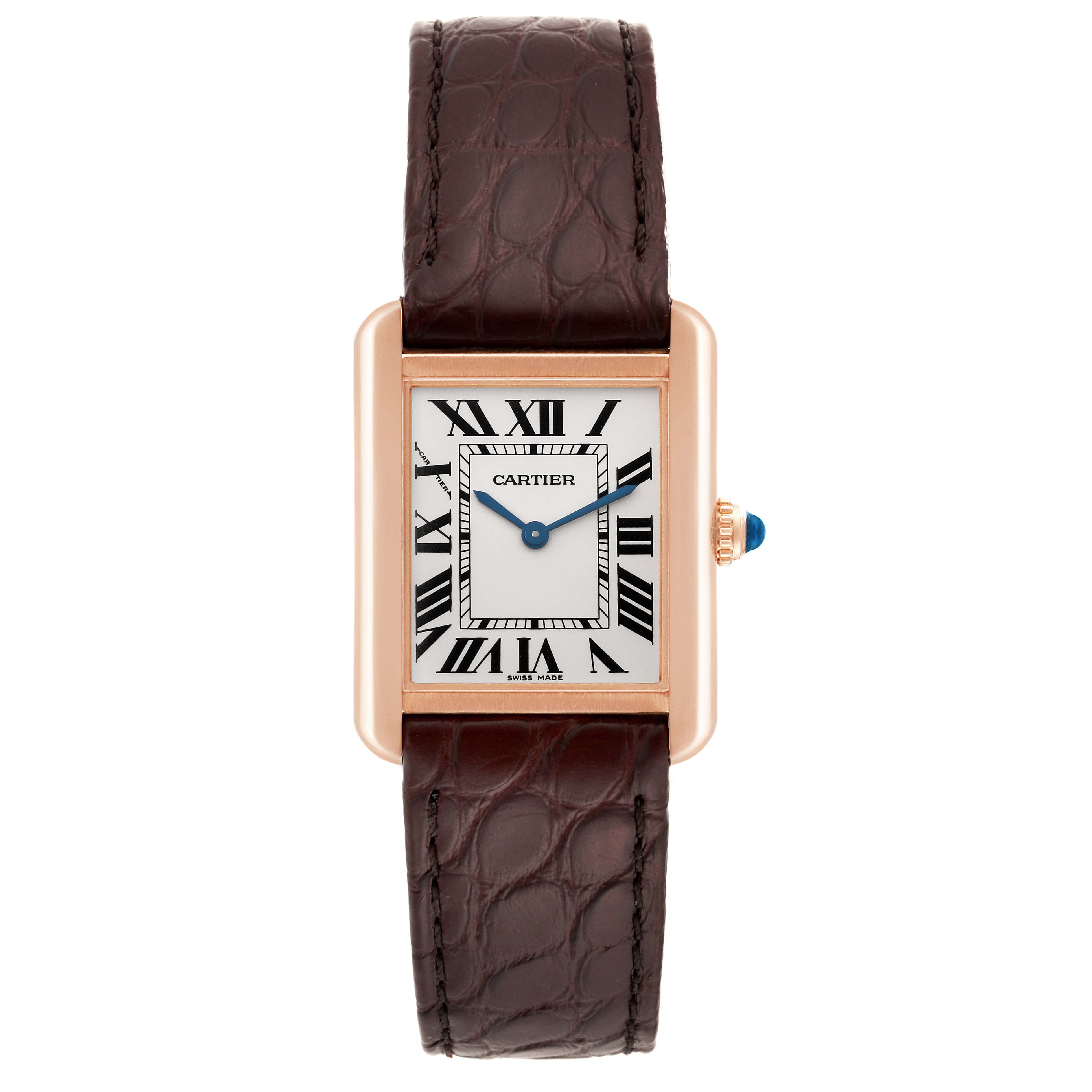 The image shows a front view of the Cartier Tank Solo W5200024 Women's Rose Gold Silver Dial W5200024 Women's Rose Gold Silver Dial watch, highlighting its face, hands, dial, and leather strap.