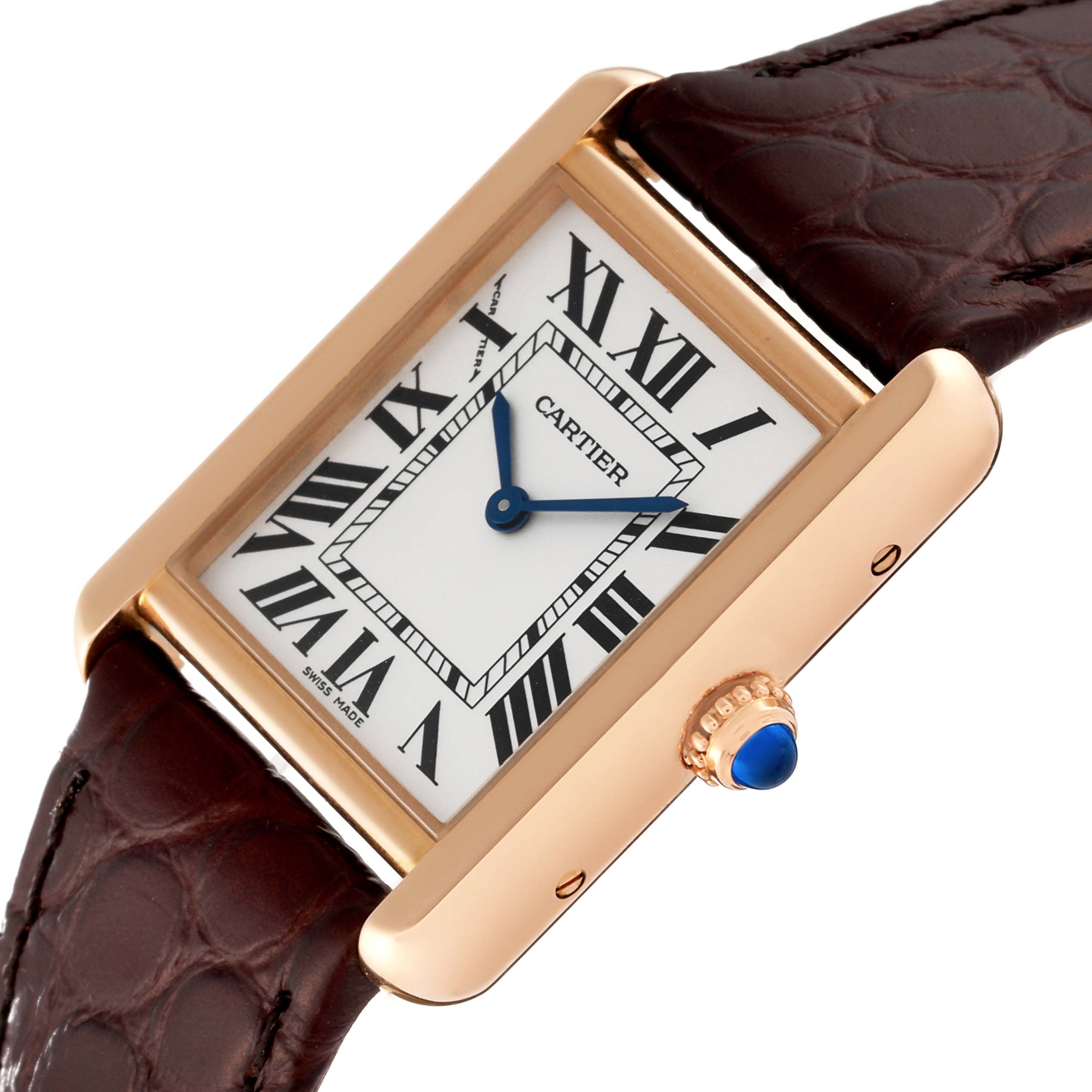 The image shows a Cartier Tank Solo W5200024 Women's Rose Gold Silver Dial W5200024 Women's Rose Gold Silver Dial watch at a slight angle, focusing on the face, crown, and leather strap.