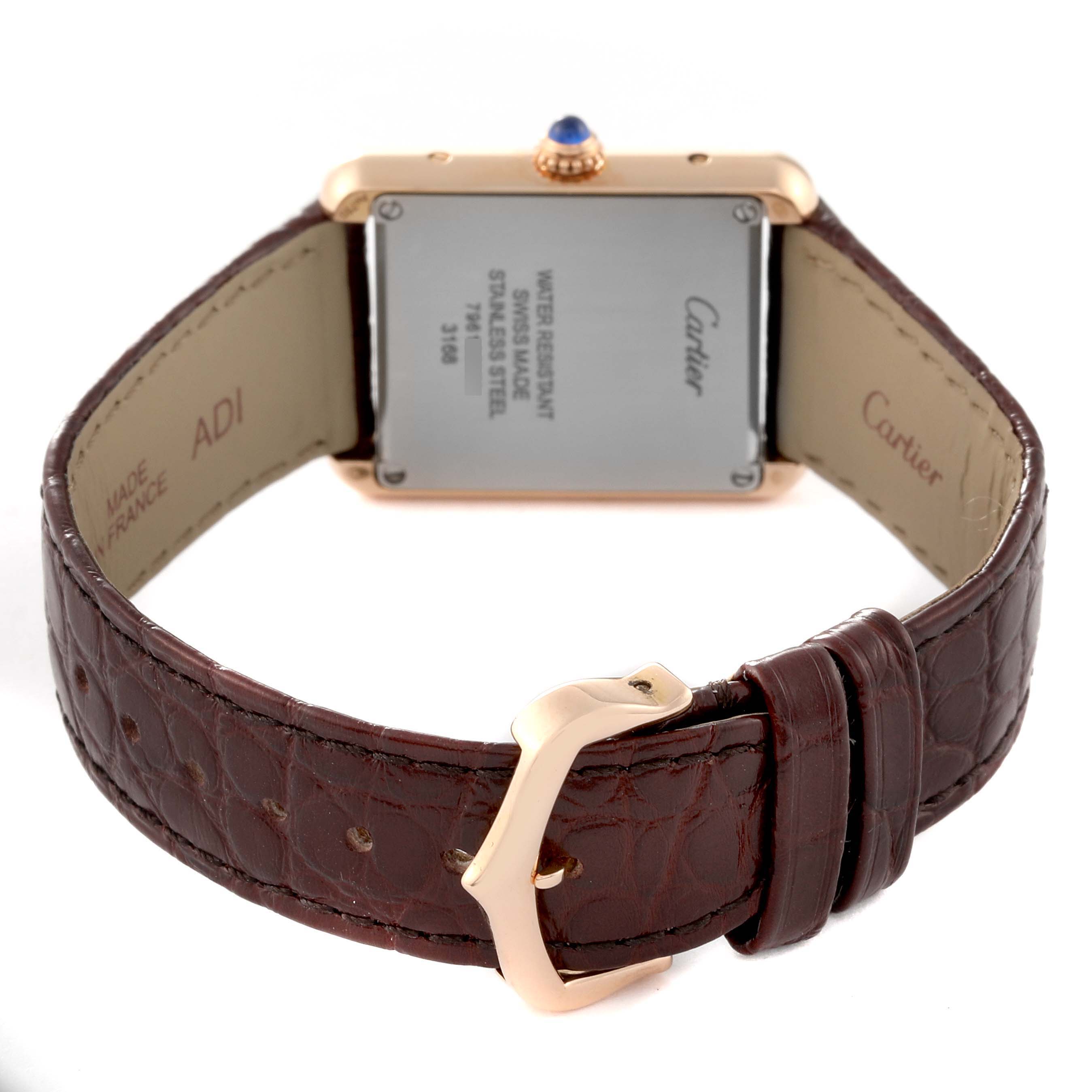 This image shows the back and strap of a Cartier Tank Solo W5200024 Women's Rose Gold Silver Dial W5200024 Women's Rose Gold Silver Dial watch, highlighting its buckle and case back.