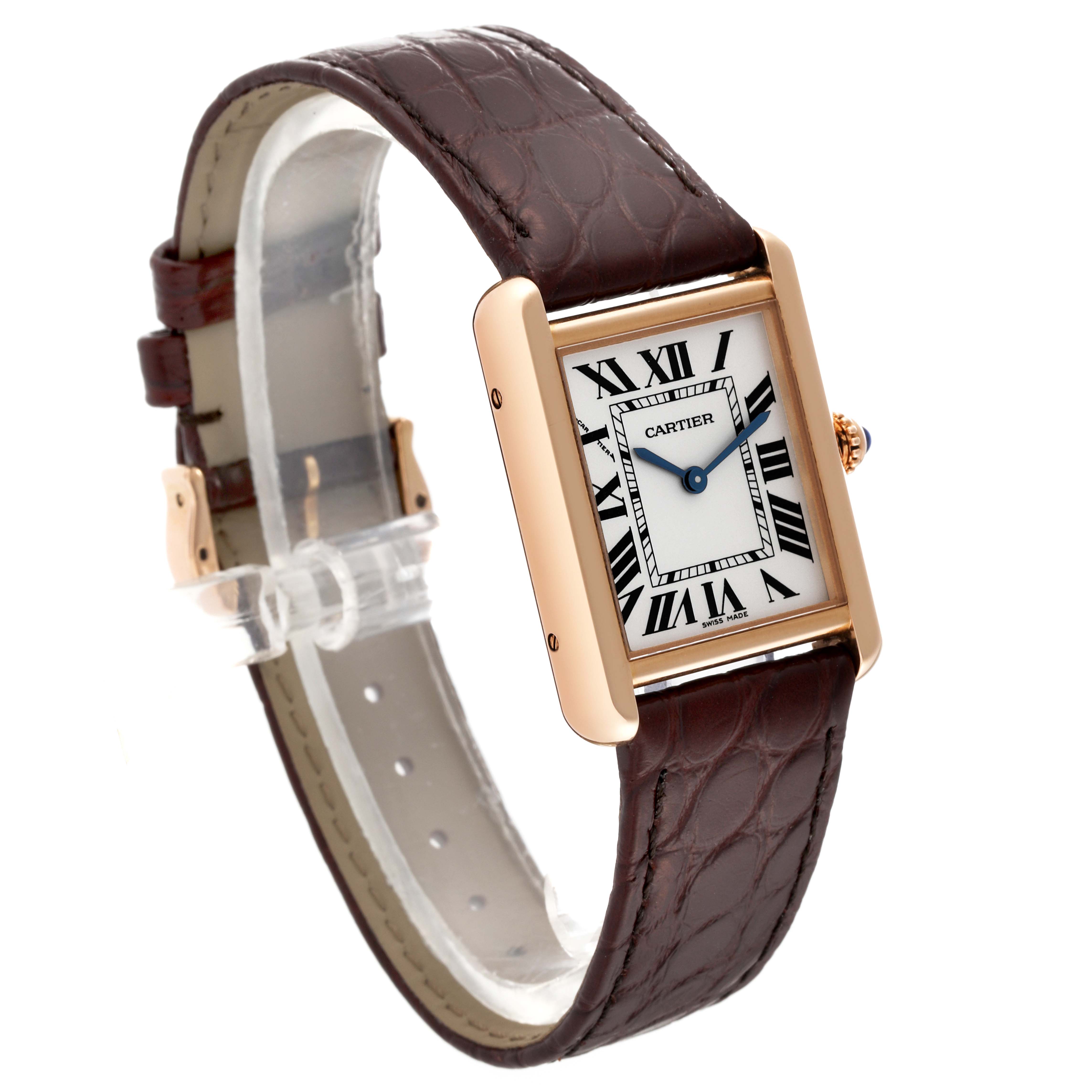 The image shows a Cartier Tank Solo W5200024 Women's Rose Gold Silver Dial W5200024 Women's Rose Gold Silver Dial watch at a three-quarter angle, highlighting the face, bezel, strap, and crown.
