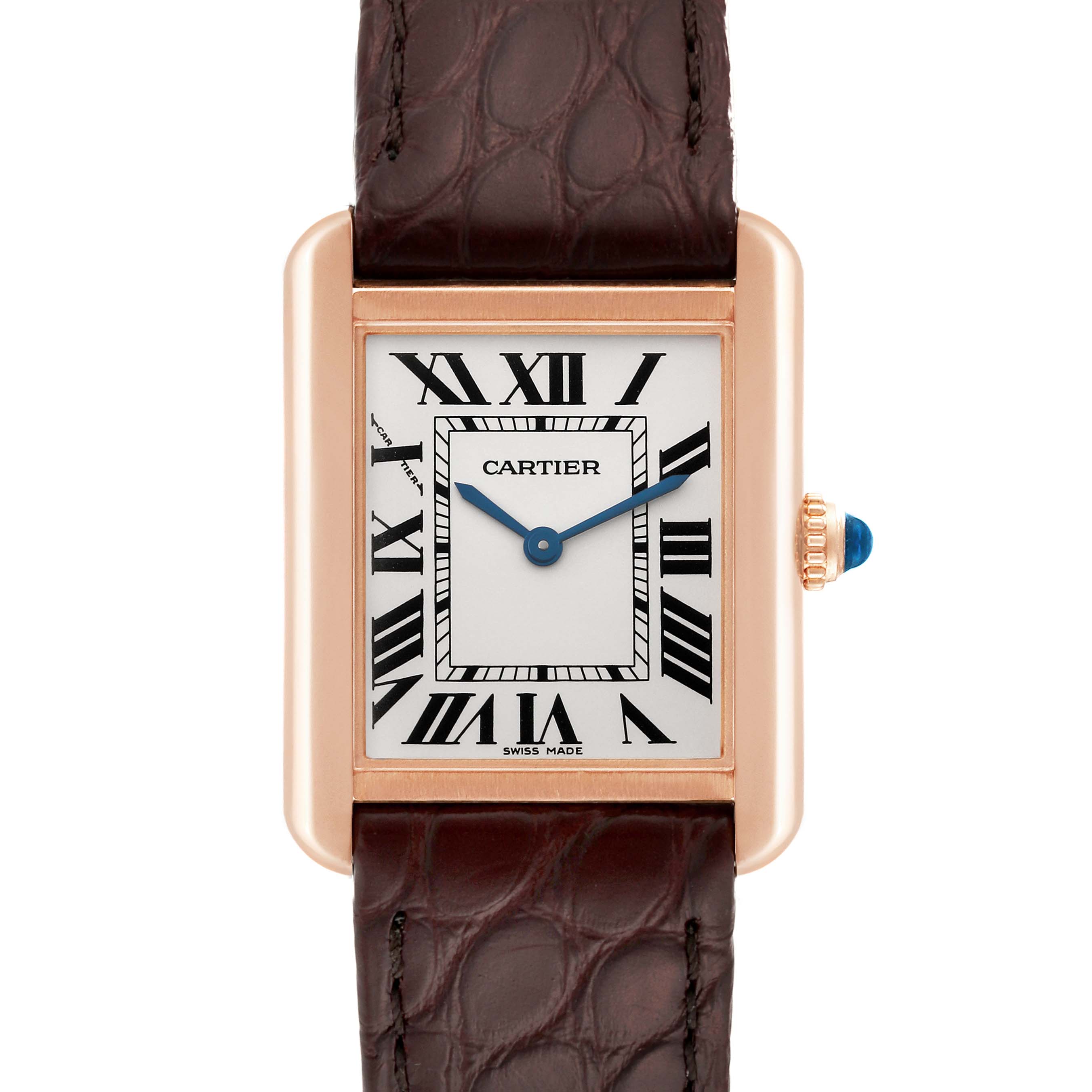 The Cartier Tank Solo W5200024 Women's Rose Gold Silver Dial W5200024 Women's Rose Gold Silver Dial watch is shown from a front angle, displaying its face, Roman numerals, and leather strap.