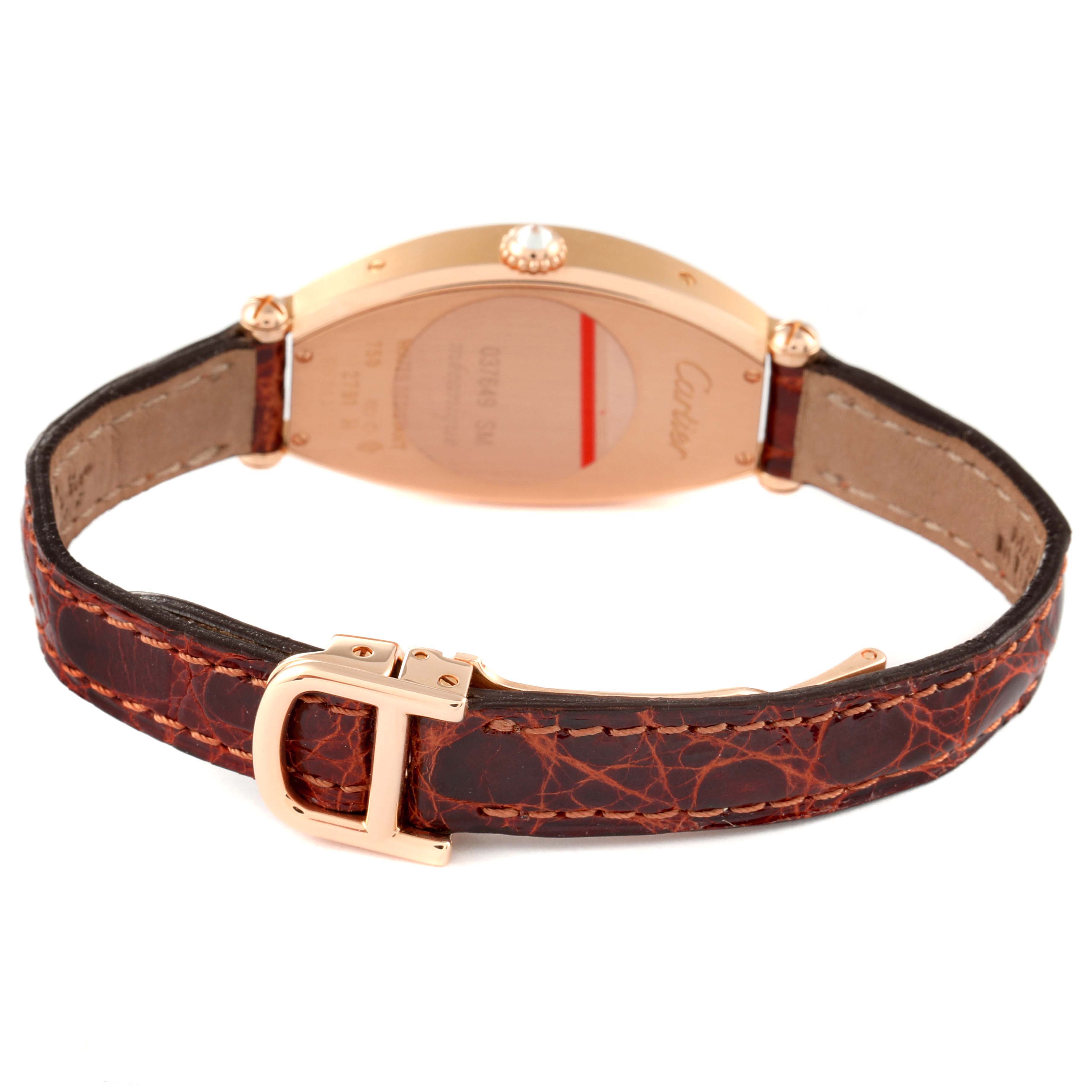 The image shows the back view of the Cartier Tonneau WE400331 Women's Rose Gold Silver Dial WE400331 Women's Rose Gold Silver Dial watch, highlighting its leather strap and clasp.