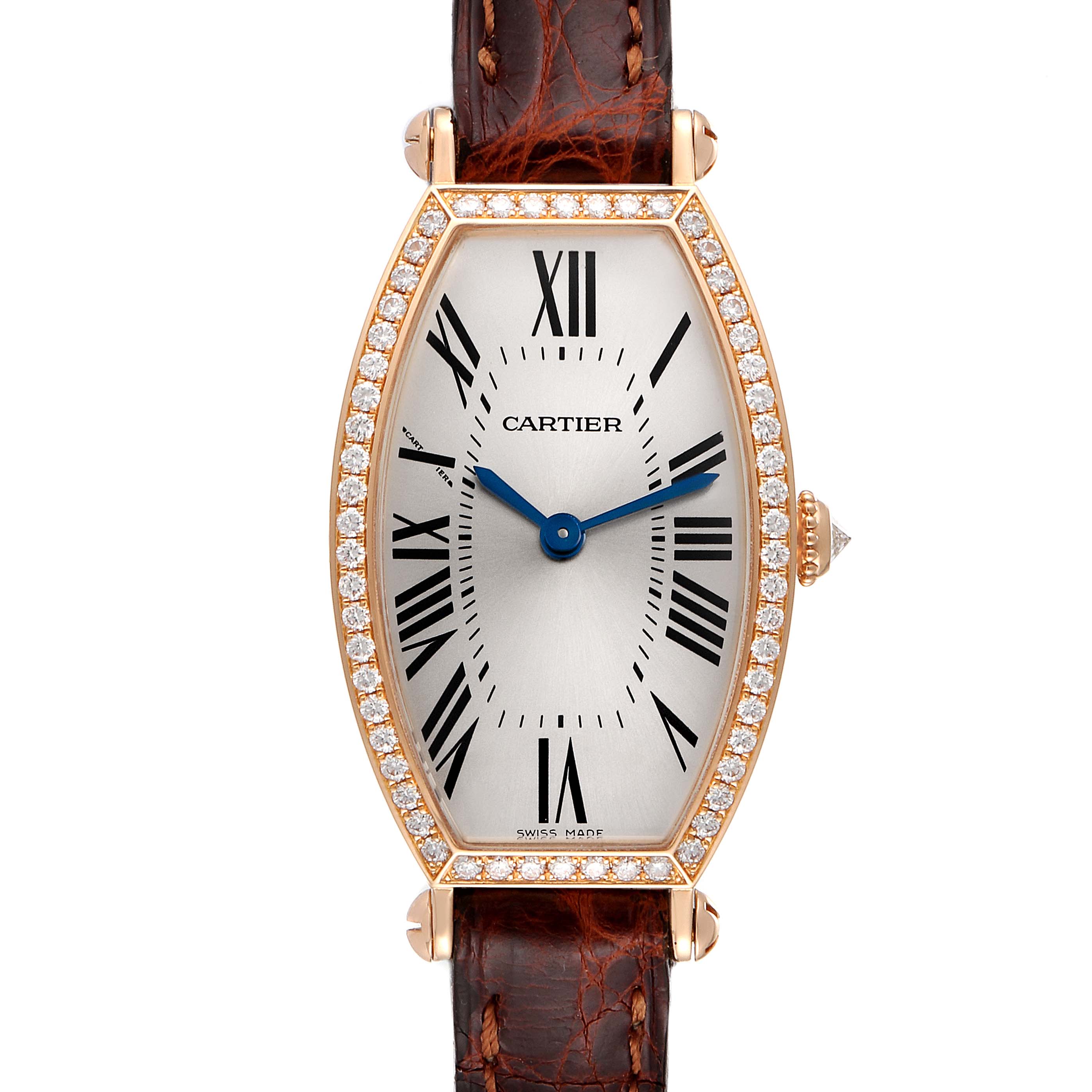This Cartier Tonneau WE400331 Women's Rose Gold Silver Dial WE400331 Women's Rose Gold Silver Dial model watch is shown from a top-down angle, featuring its face, bezel, and leather strap.