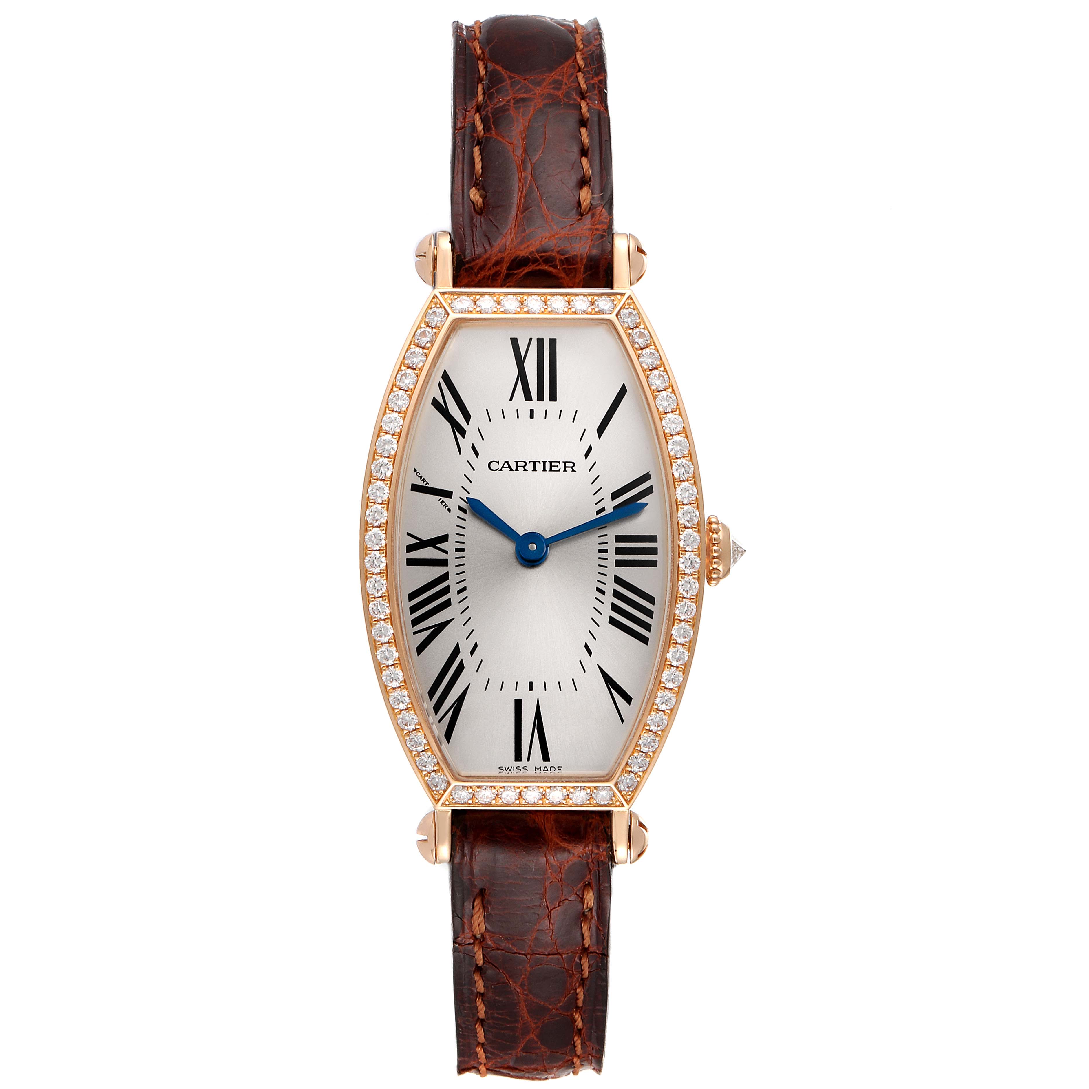 The Cartier Tonneau WE400331 Women's Rose Gold Silver Dial WE400331 Women's Rose Gold Silver Dial watch is shown from a front angle, highlighting the face, bezel, and leather strap.