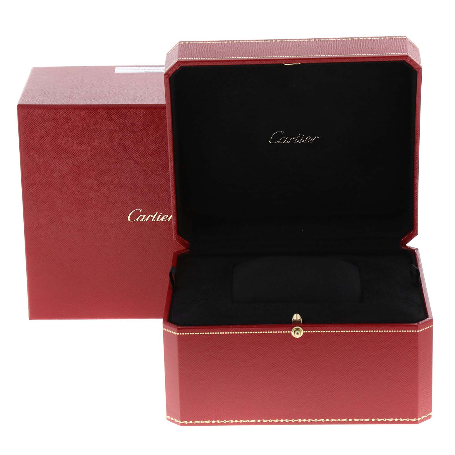 The image shows an open red box for the Cartier Tonneau WE400331 Women's Rose Gold Silver Dial WE400331 Women's Rose Gold Silver Dial watch, displaying the brand's logo inside.