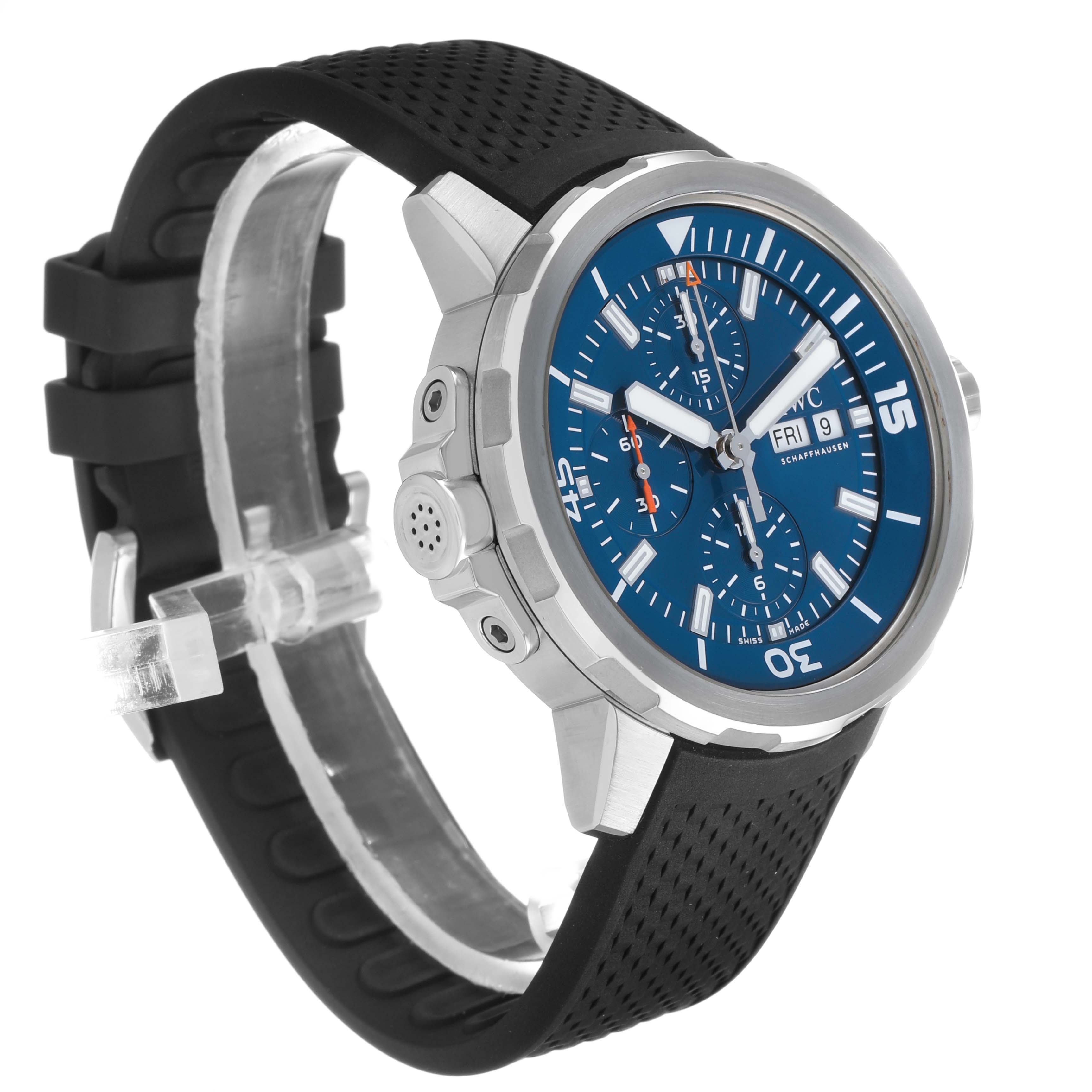 The IWC Aquatimer IW376805 Men's Stainless Steel Blue Dial watch is shown at a three-quarter angle, highlighting the face, bezel, crown, and strap.