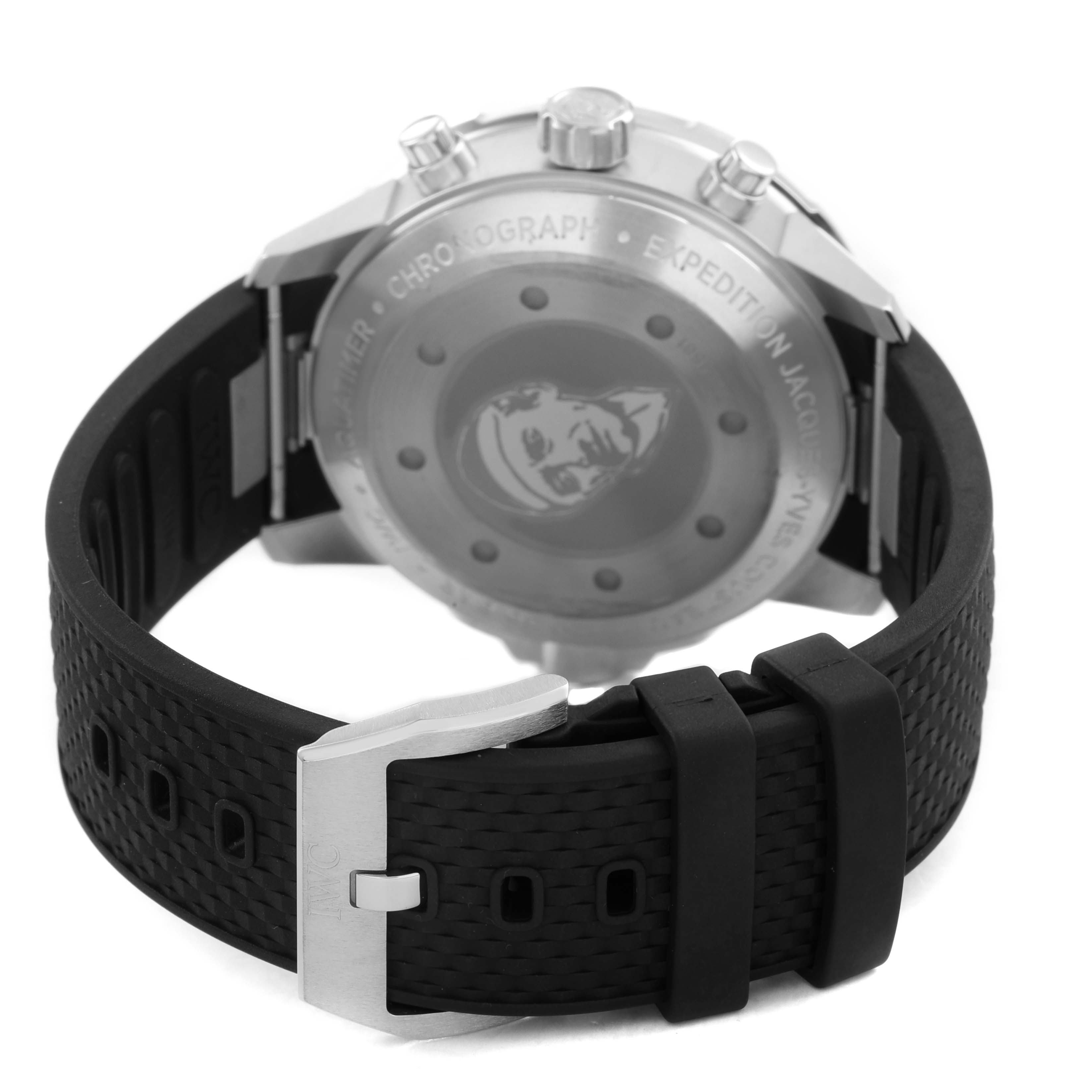 The image shows the back of the IWC Aquatimer IW376805 Men's Stainless Steel Blue Dial watch, highlighting the case back and black rubber strap with a buckle.