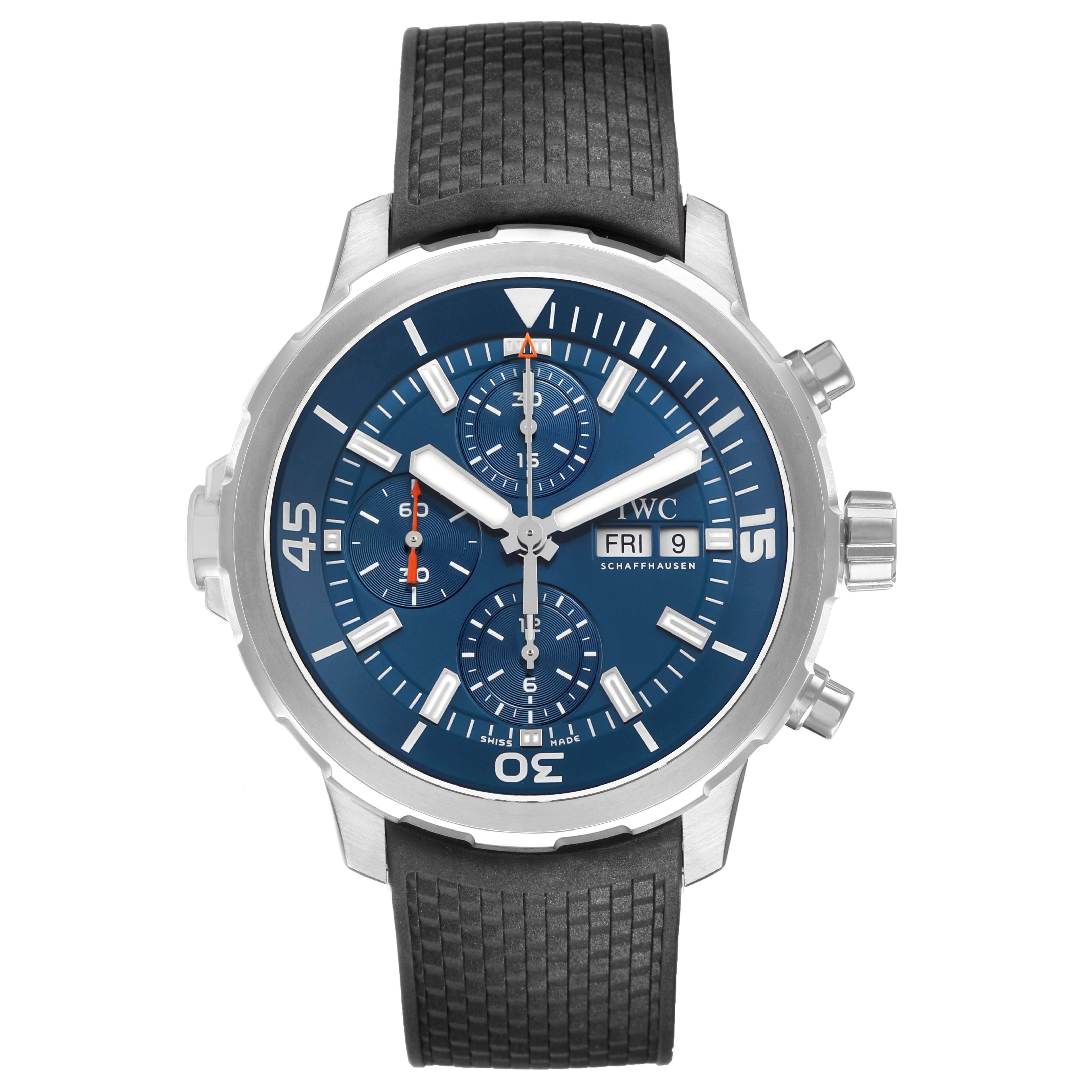 The IWC Aquatimer IW376805 Men's Stainless Steel Blue Dial watch is shown from the front, highlighting the blue dial, chronograph subdials, and black strap.