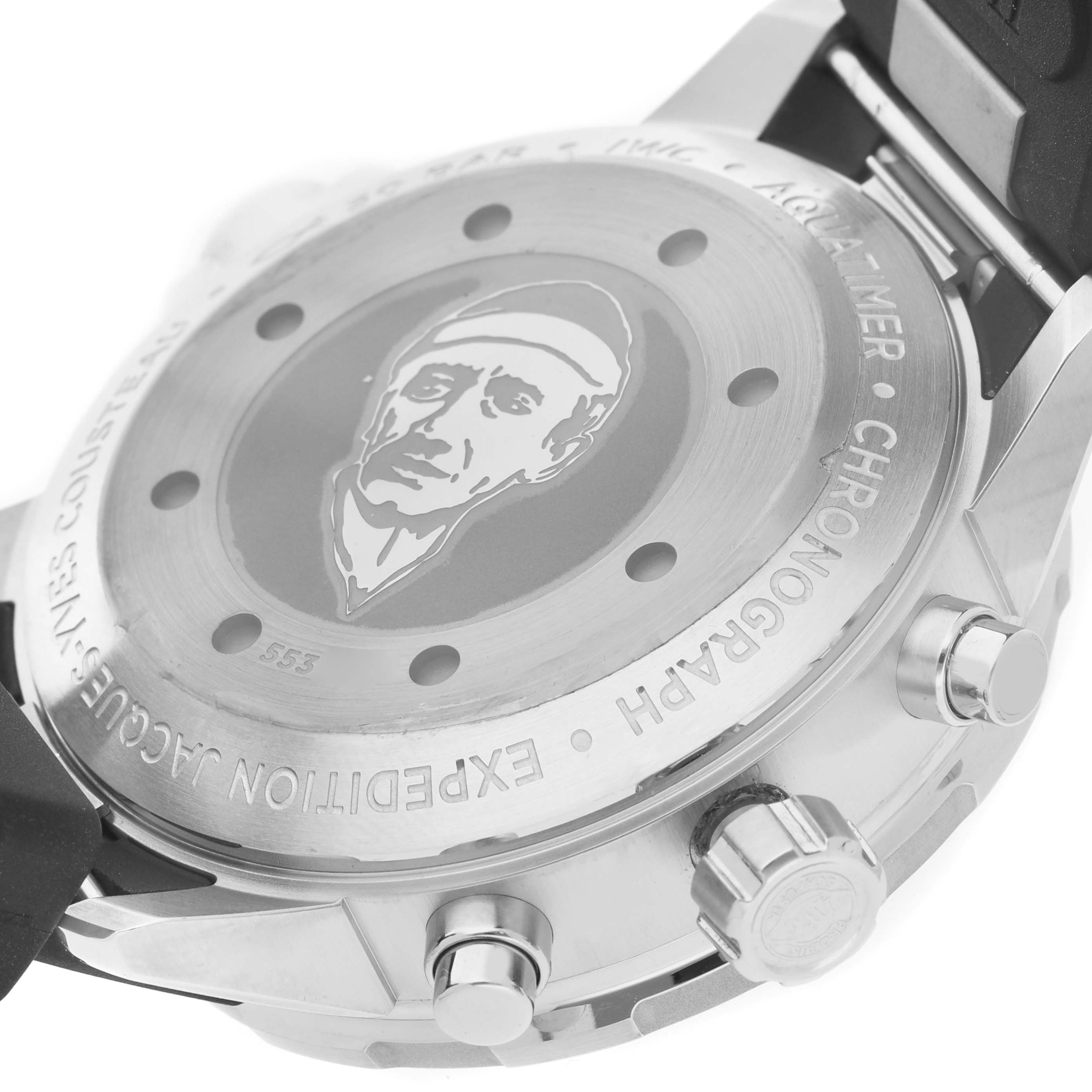 The image shows the IWC Aquatimer IW376805 Men's Stainless Steel Blue Dial watch from the back, showcasing the engraved case back and chronograph pushers.