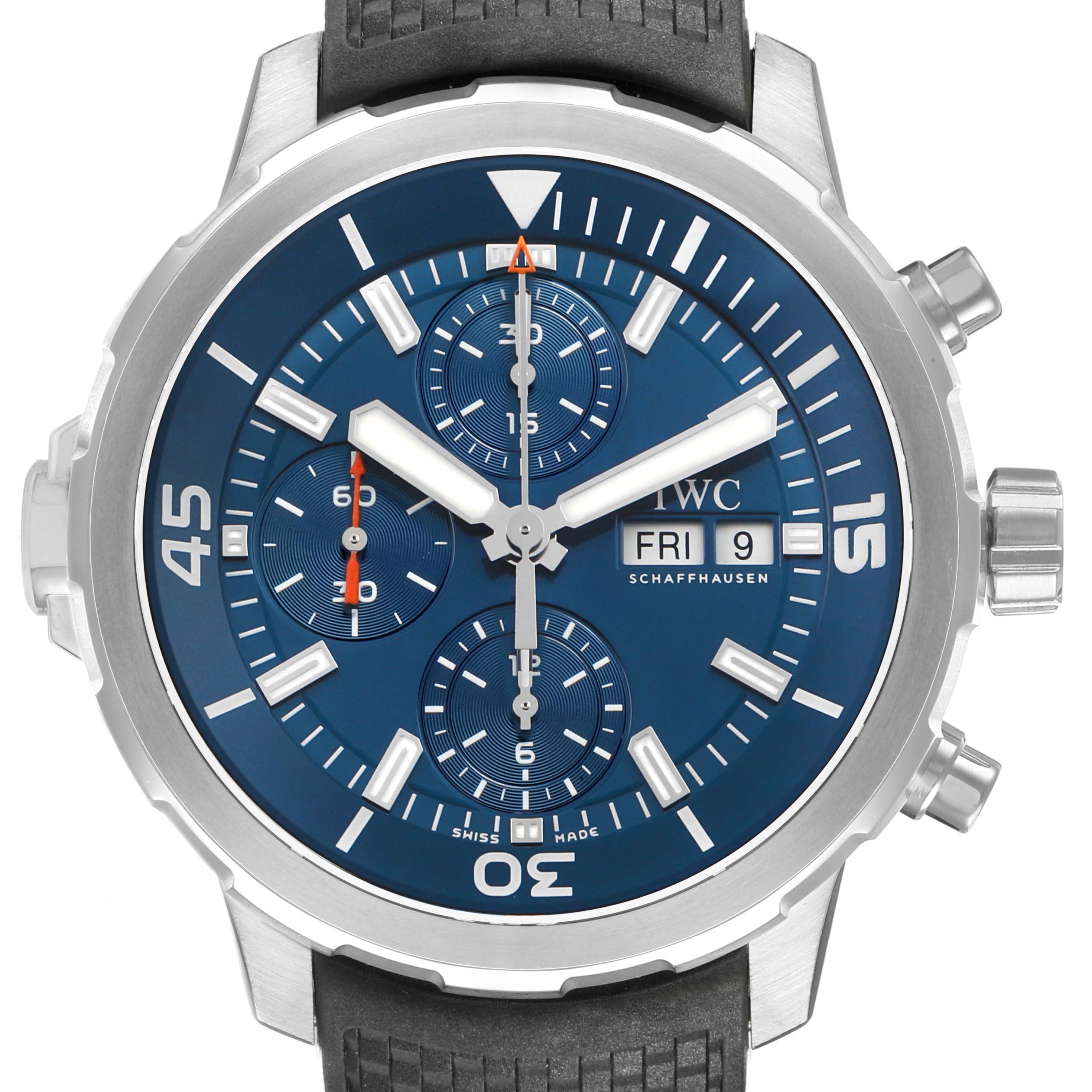 The IWC Aquatimer IW376805 Men's Stainless Steel Blue Dial watch is shown from a front angle, displaying its blue dial, chronograph subdials, and date display.