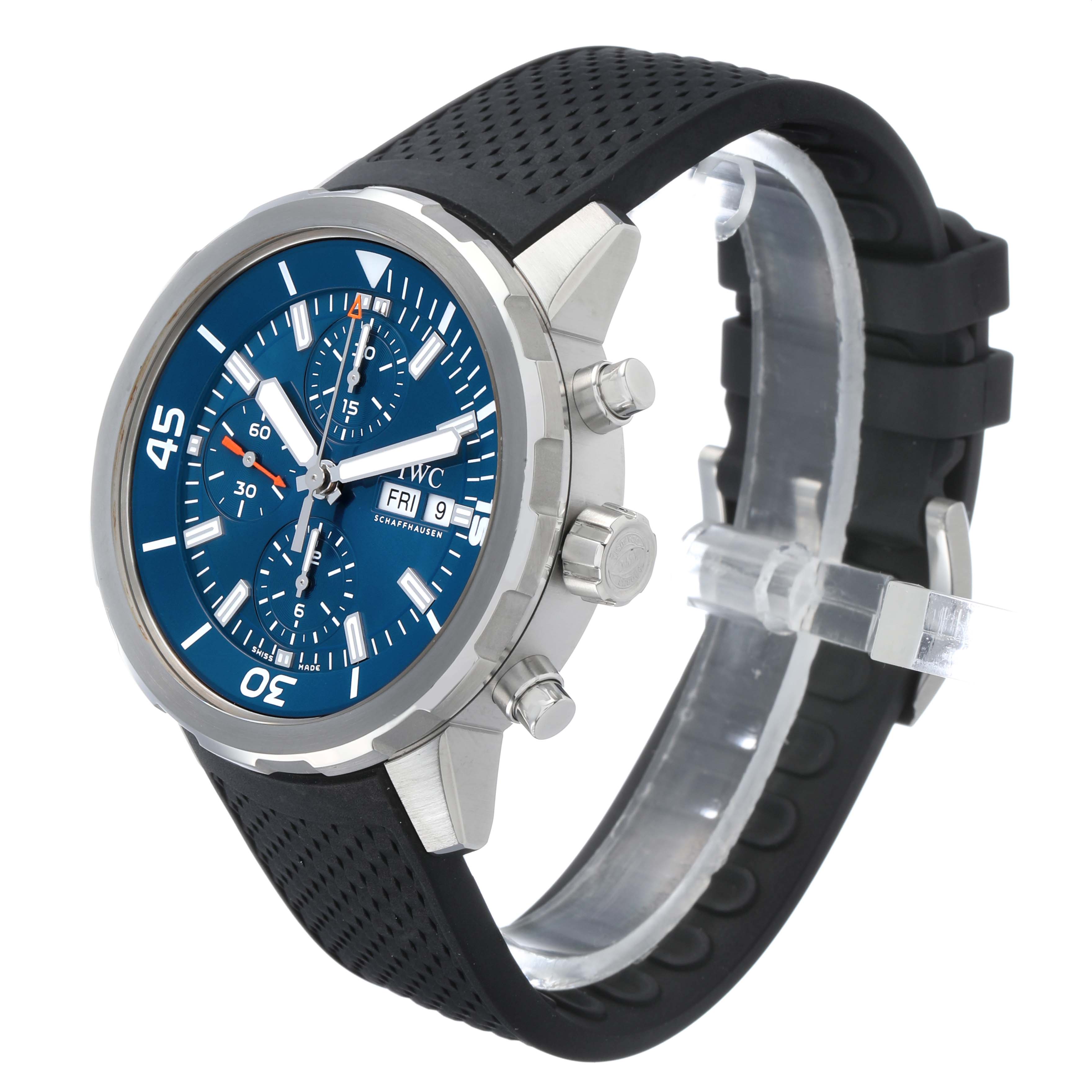 The IWC Aquatimer IW376805 Men's Stainless Steel Blue Dial watch is shown at a side angle, displaying its blue dial, bezel, crown, pushers, and black strap.
