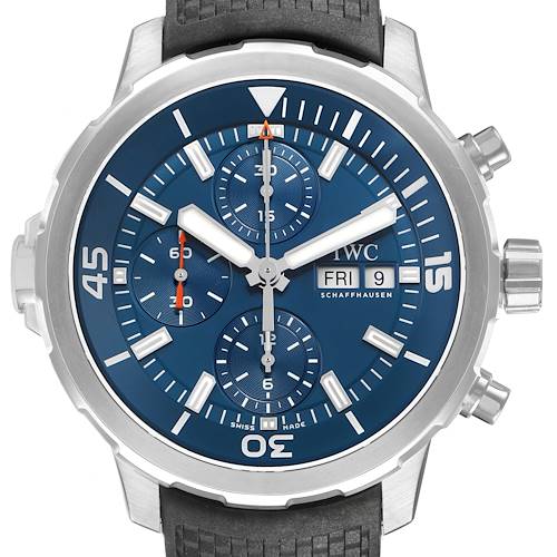 The IWC Aquatimer IW376805 Men's Stainless Steel Blue Dial watch is shown from the front, displaying the dial, hands, subdials, and bezel.