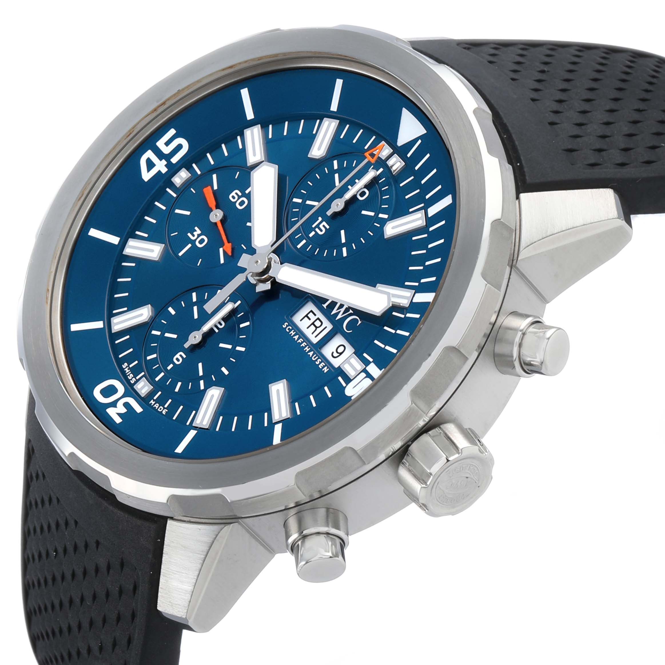 The IWC Aquatimer IW376805 Men's Stainless Steel Blue Dial watch is shown at a slight diagonal angle, highlighting its blue dial, pushers, and black strap.