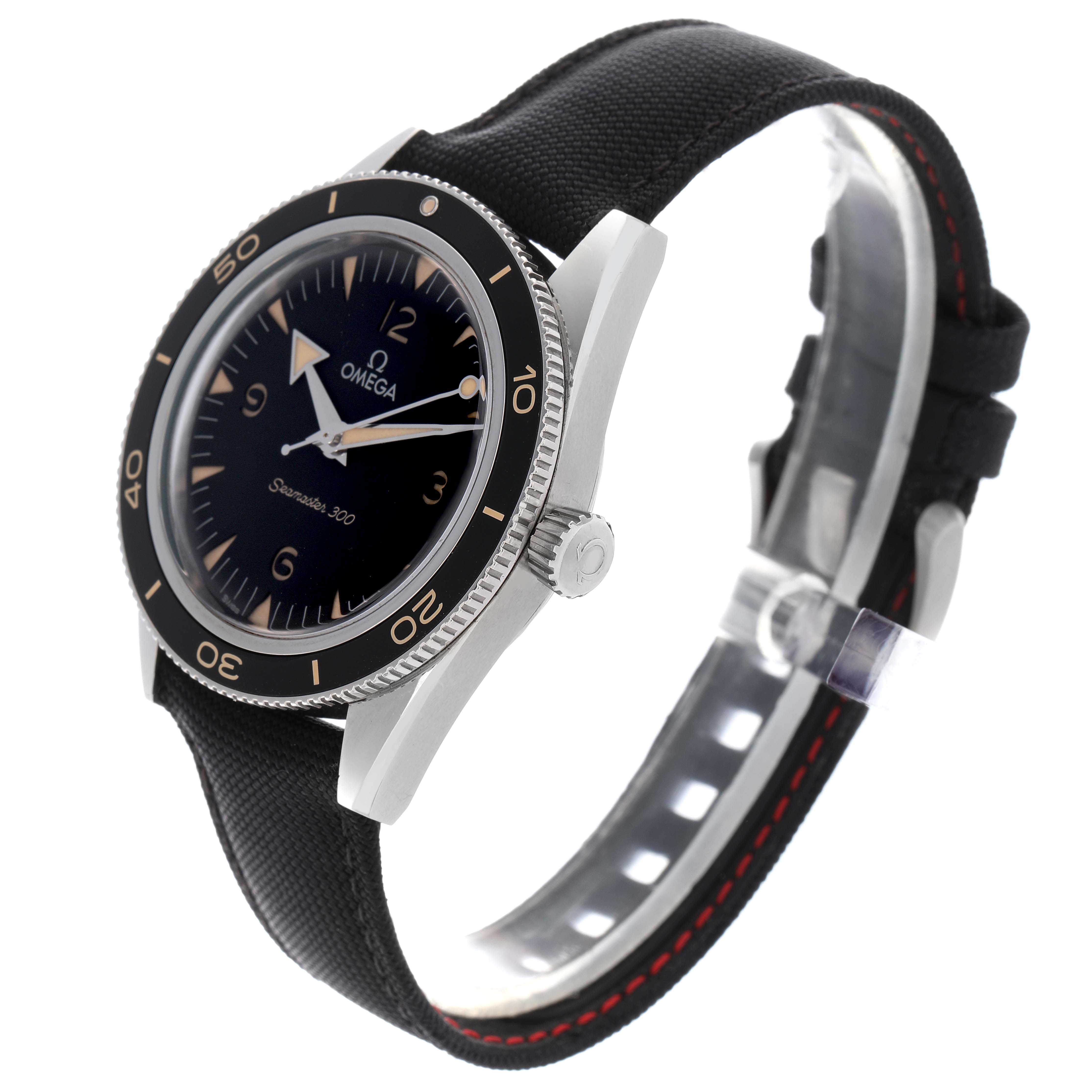 The Omega Seamaster 234.32.41.21.01.001 Men's Stainless Steel Black Dial 234.32.41.21.01.001 Men's Stainless Steel Black Dial watch is shown at a three-quarter angle, highlighting the face, bezel, crown, and strap.