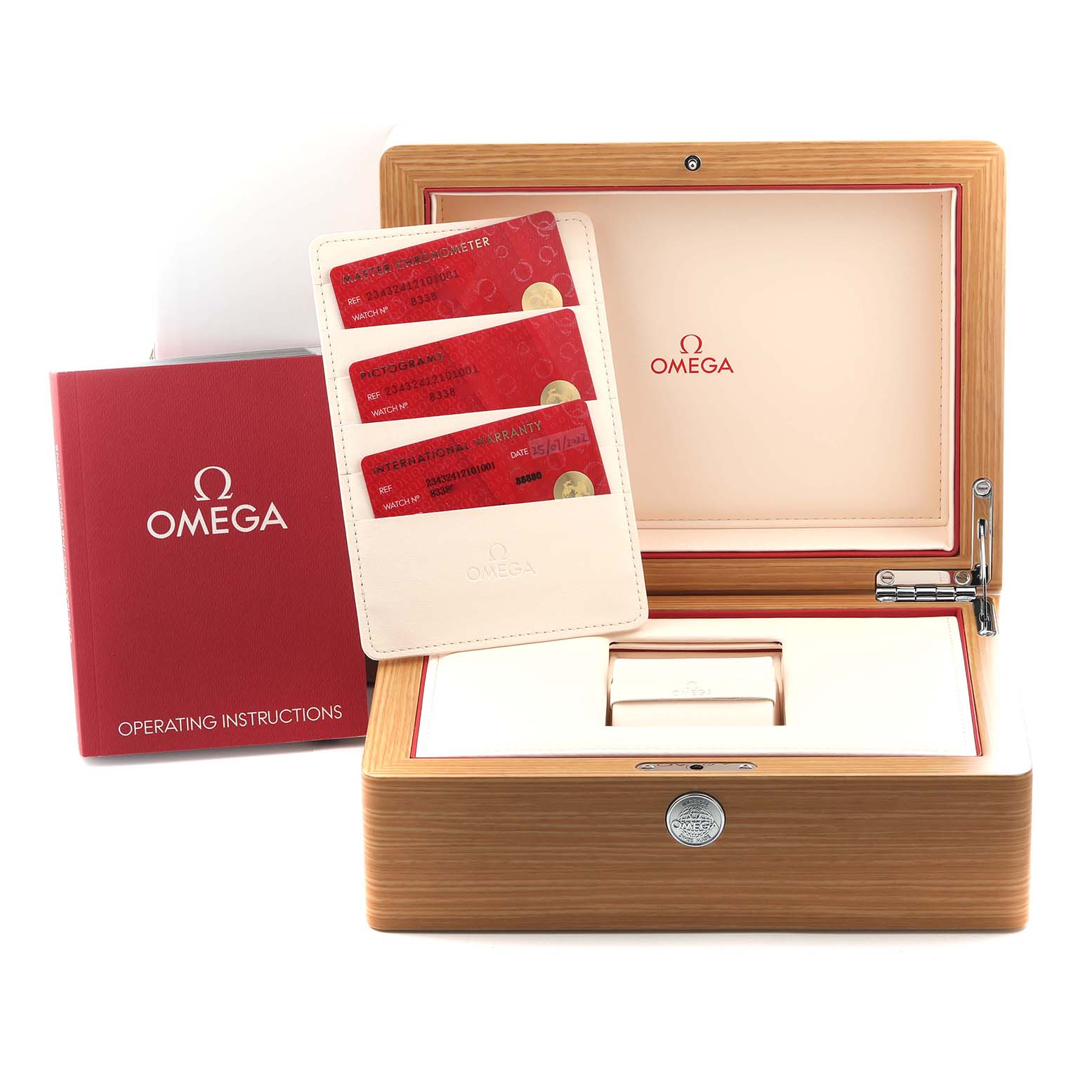 The image shows an Omega Seamaster 234.32.41.21.01.001 Men's Stainless Steel Black Dial 234.32.41.21.01.001 Men's Stainless Steel Black Dial watch's open wooden box, warranty cards, and operating instructions booklet.