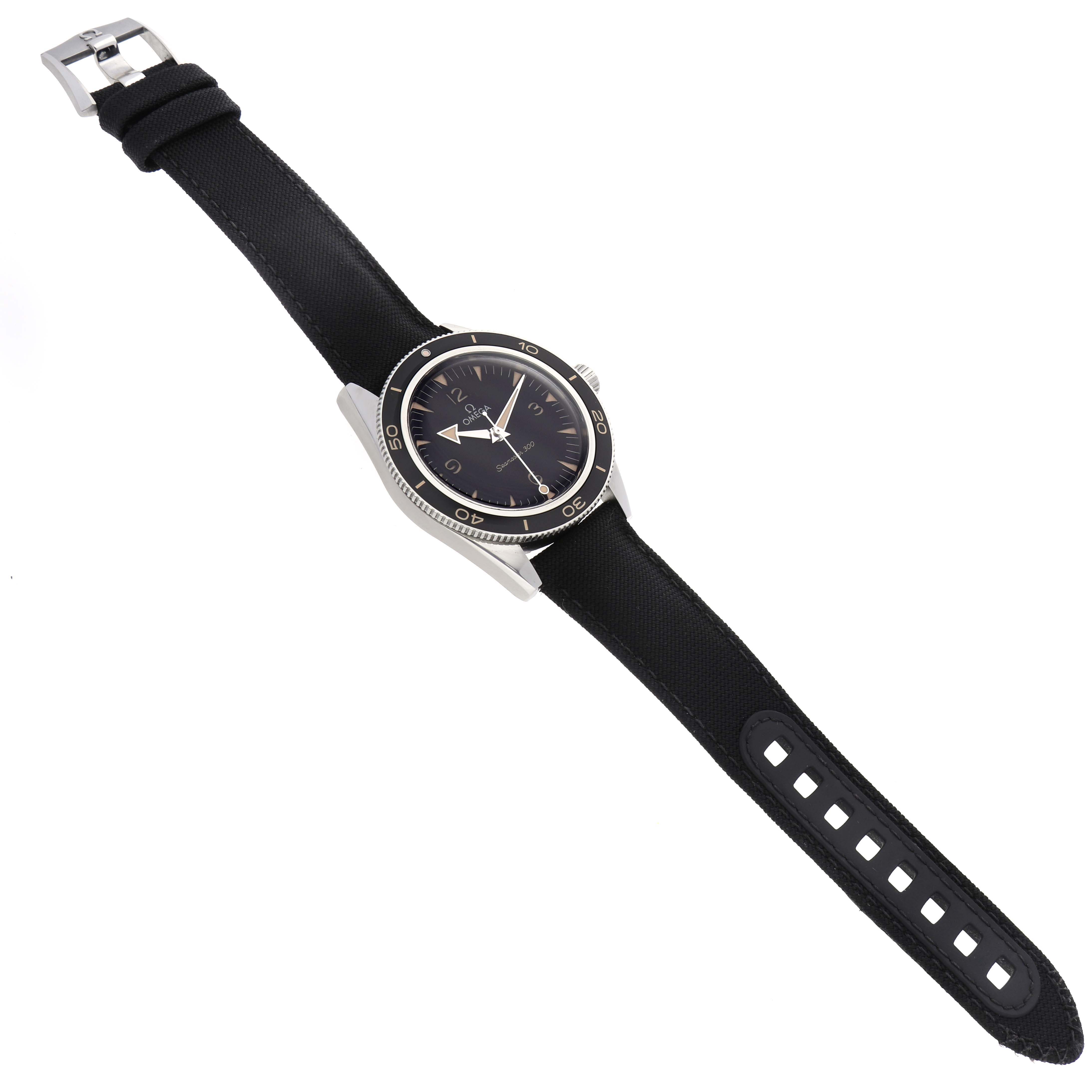 The Omega Seamaster 234.32.41.21.01.001 Men's Stainless Steel Black Dial 234.32.41.21.01.001 Men's Stainless Steel Black Dial watch is shown at an angled top view, featuring its bezel, dial, strap, case, and buckle.