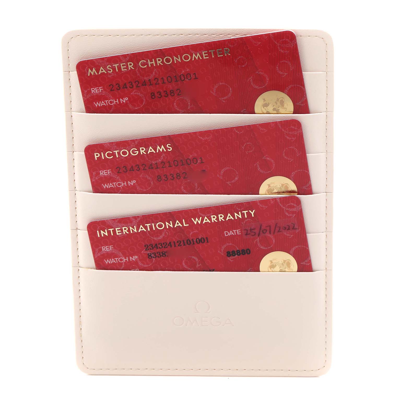 The image shows red cards in a beige Omega cardholder, detailing Master Chronometer, Pictograms, and International Warranty for the Omega Seamaster 234.32.41.21.01.001 Men's Stainless Steel Black Dial 234.32.41.21.01.001 Men's Stainless Steel Black Dial.