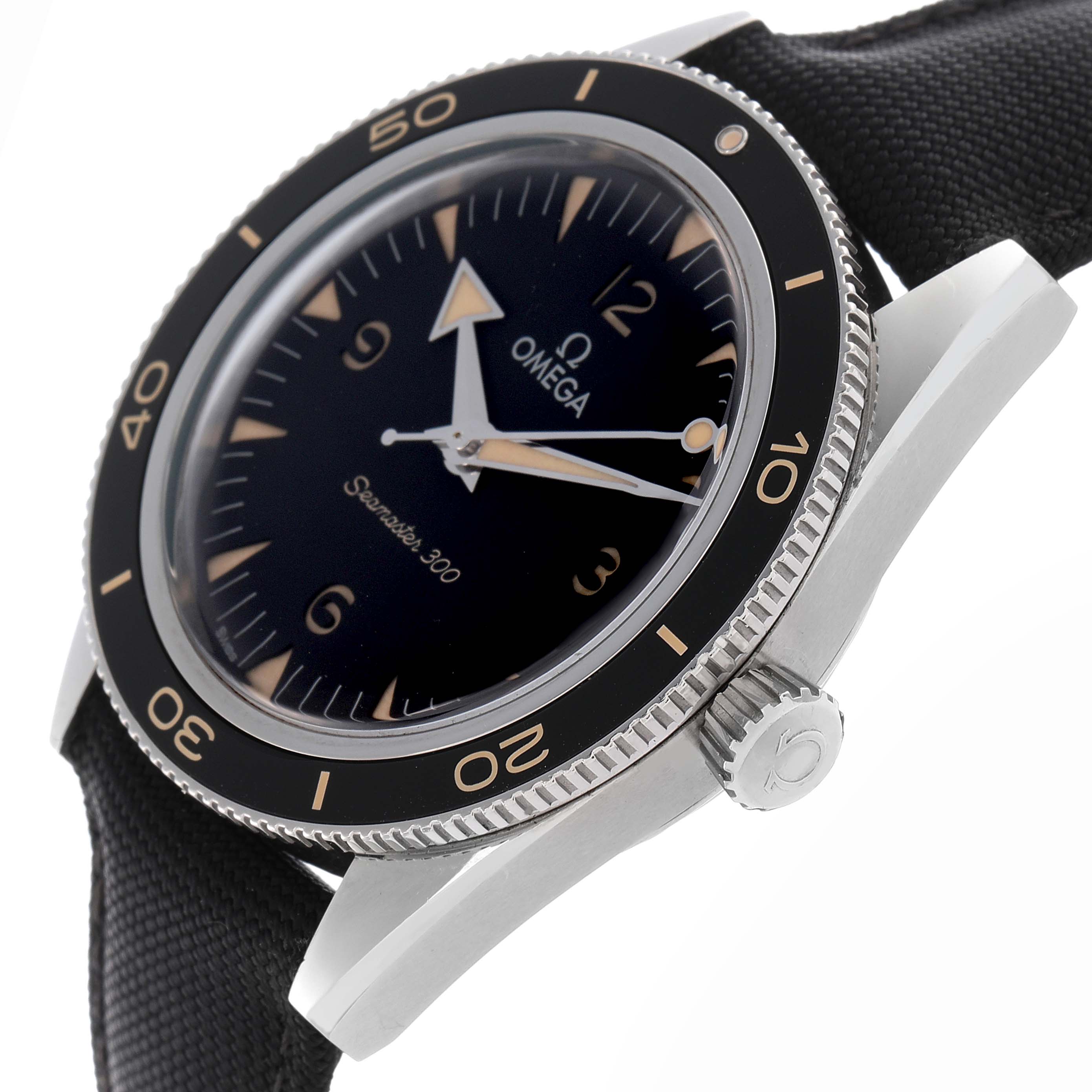 The image shows a side angle of the Omega Seamaster 234.32.41.21.01.001 Men's Stainless Steel Black Dial 234.32.41.21.01.001 Men's Stainless Steel Black Dial, highlighting the bezel, crown, and part of the strap.