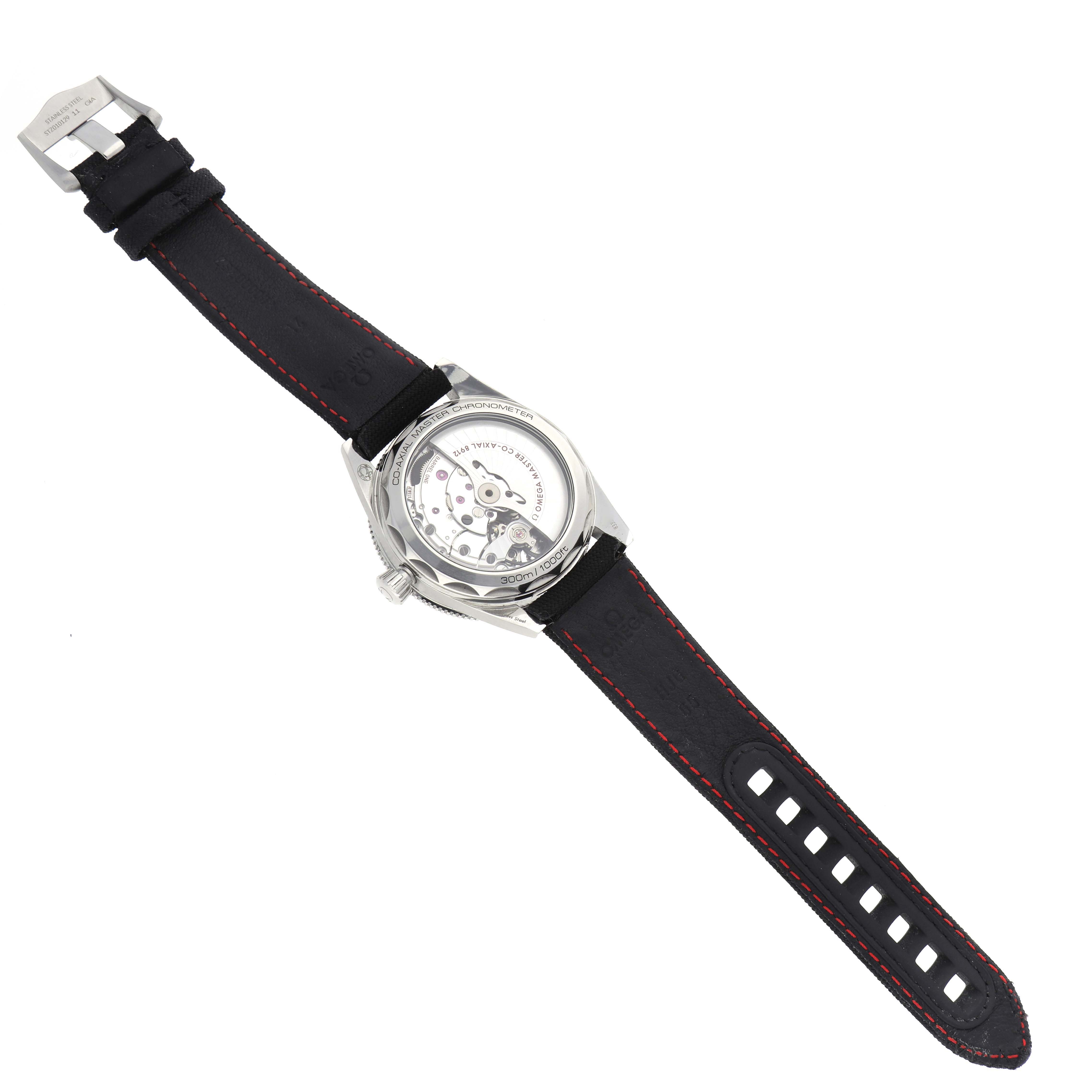 The Omega Seamaster 234.32.41.21.01.001 Men's Stainless Steel Black Dial 234.32.41.21.01.001 Men's Stainless Steel Black Dial watch is shown from the back, displaying its transparent case back and black strap with red stitching.