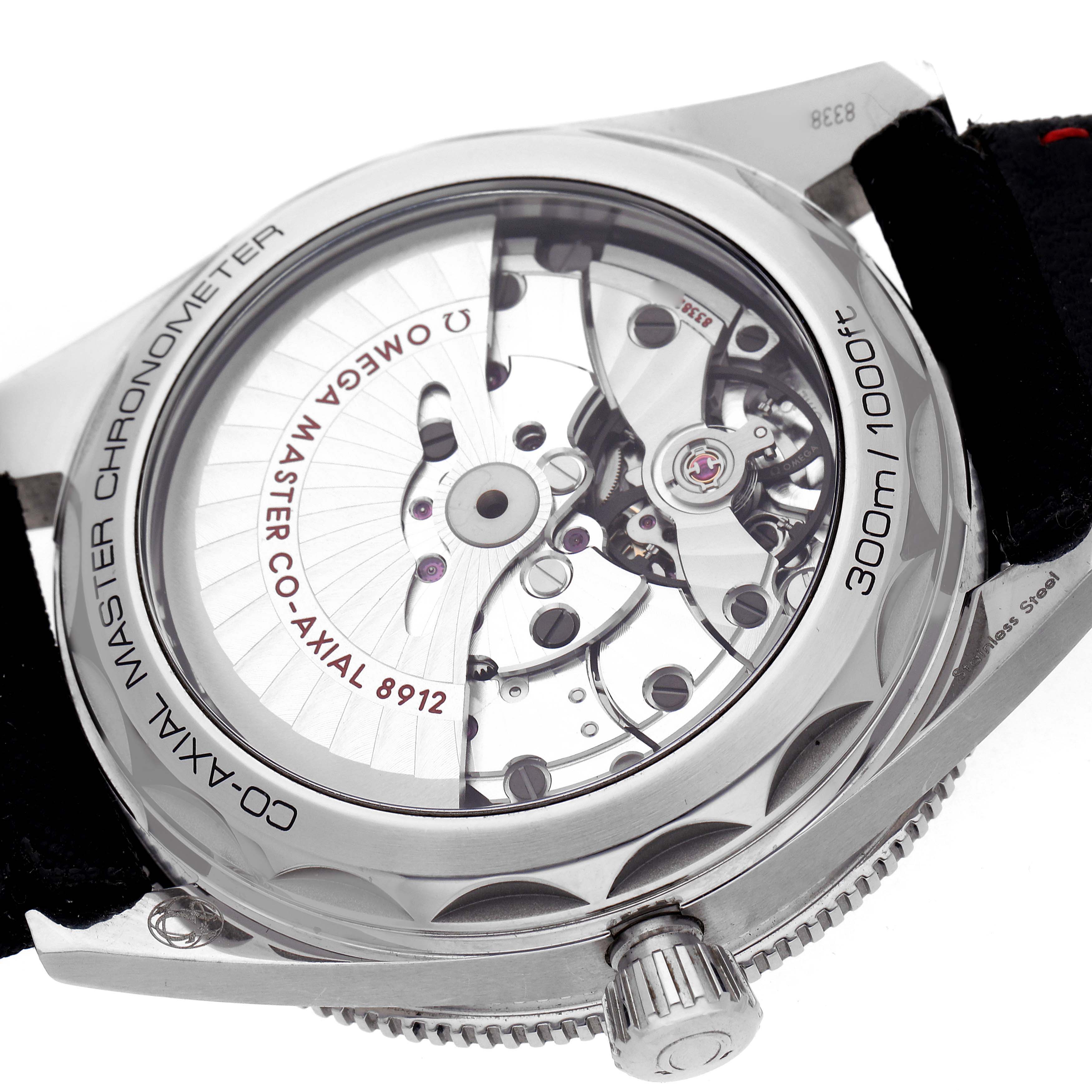 The Omega Seamaster 234.32.41.21.01.001 Men's Stainless Steel Black Dial 234.32.41.21.01.001 Men's Stainless Steel Black Dial watch is shown from the back, displaying its movement and the transparent case back.