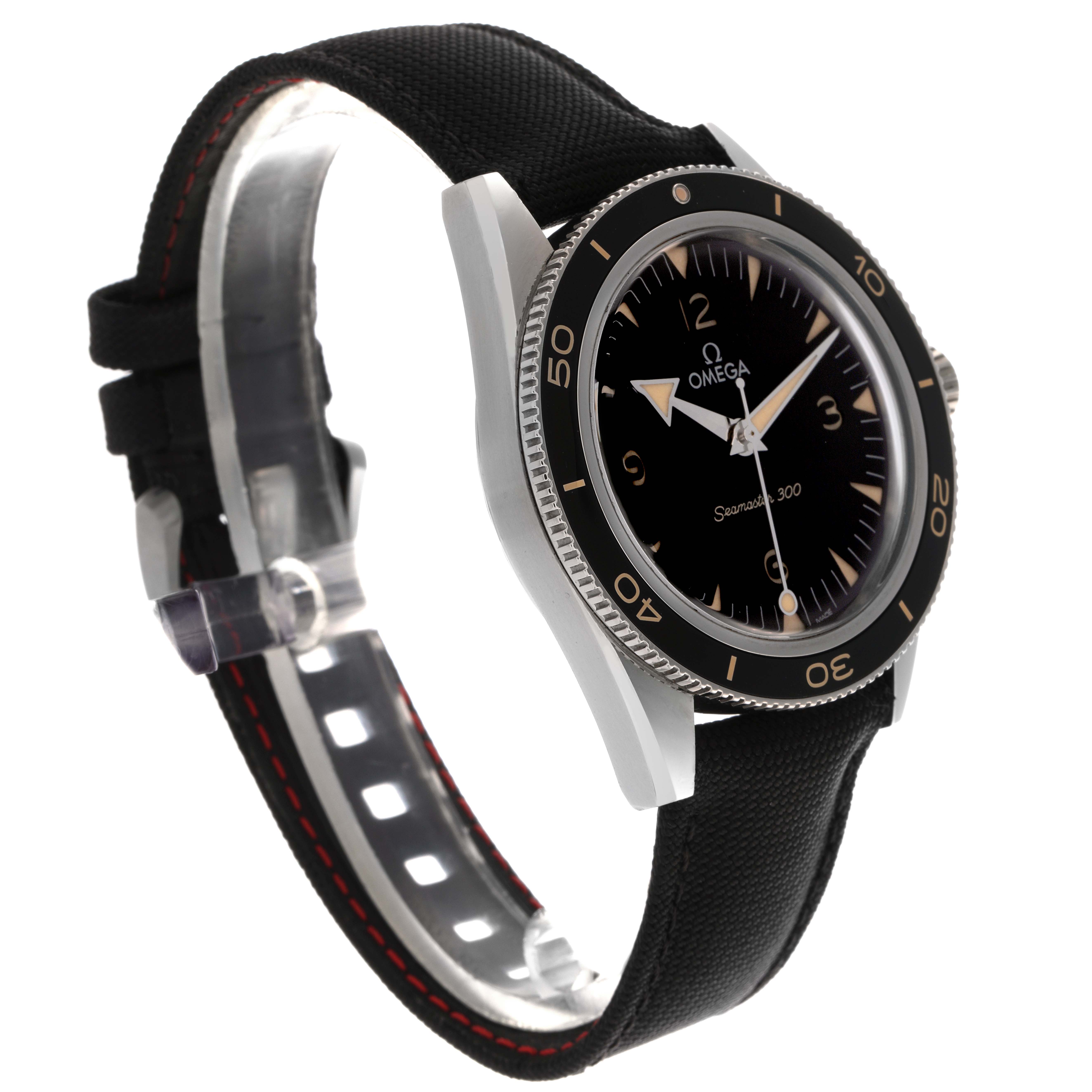 The Omega Seamaster 234.32.41.21.01.001 Men's Stainless Steel Black Dial 234.32.41.21.01.001 Men's Stainless Steel Black Dial watch is shown at a three-quarter angle, highlighting the black dial, bezel, and fabric strap.