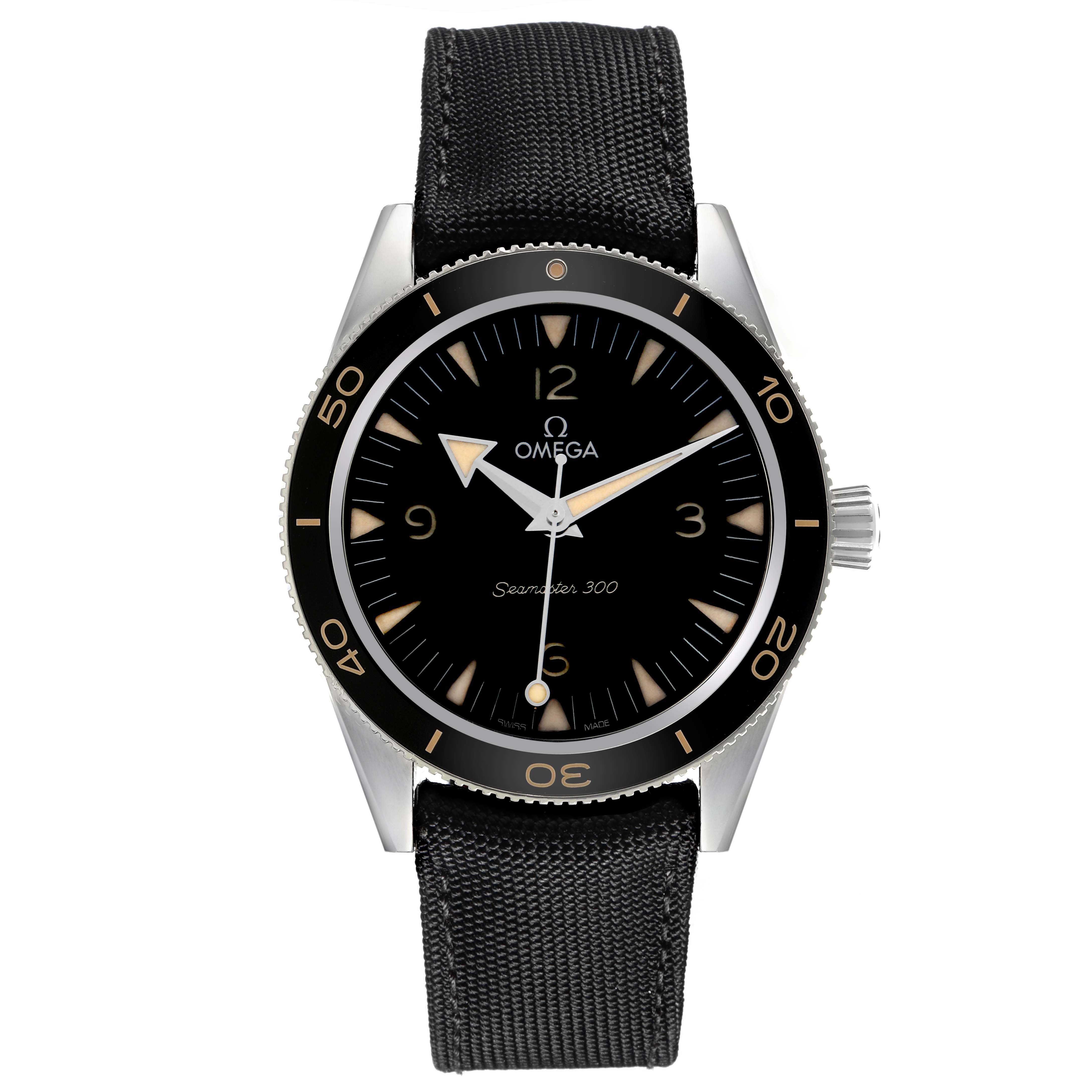 The image shows a front view of the Omega Seamaster 234.32.41.21.01.001 Men's Stainless Steel Black Dial 234.32.41.21.01.001 Men's Stainless Steel Black Dial watch, displaying its bezel, dial, hands, and strap.