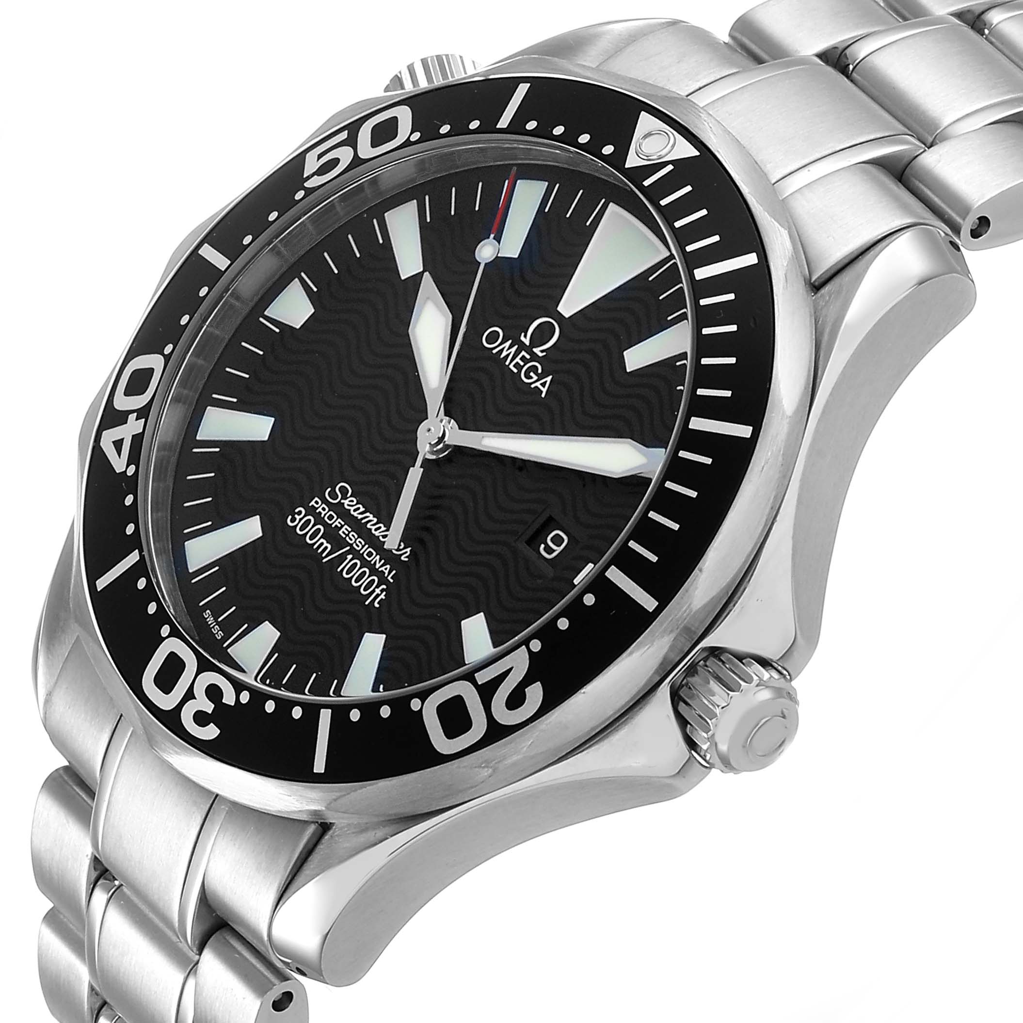 The image shows an Omega Seamaster 2264.50.00 Men's Stainless Steel Black Dial watch at a slight side angle, highlighting the face, bezel, crown, and bracelet.