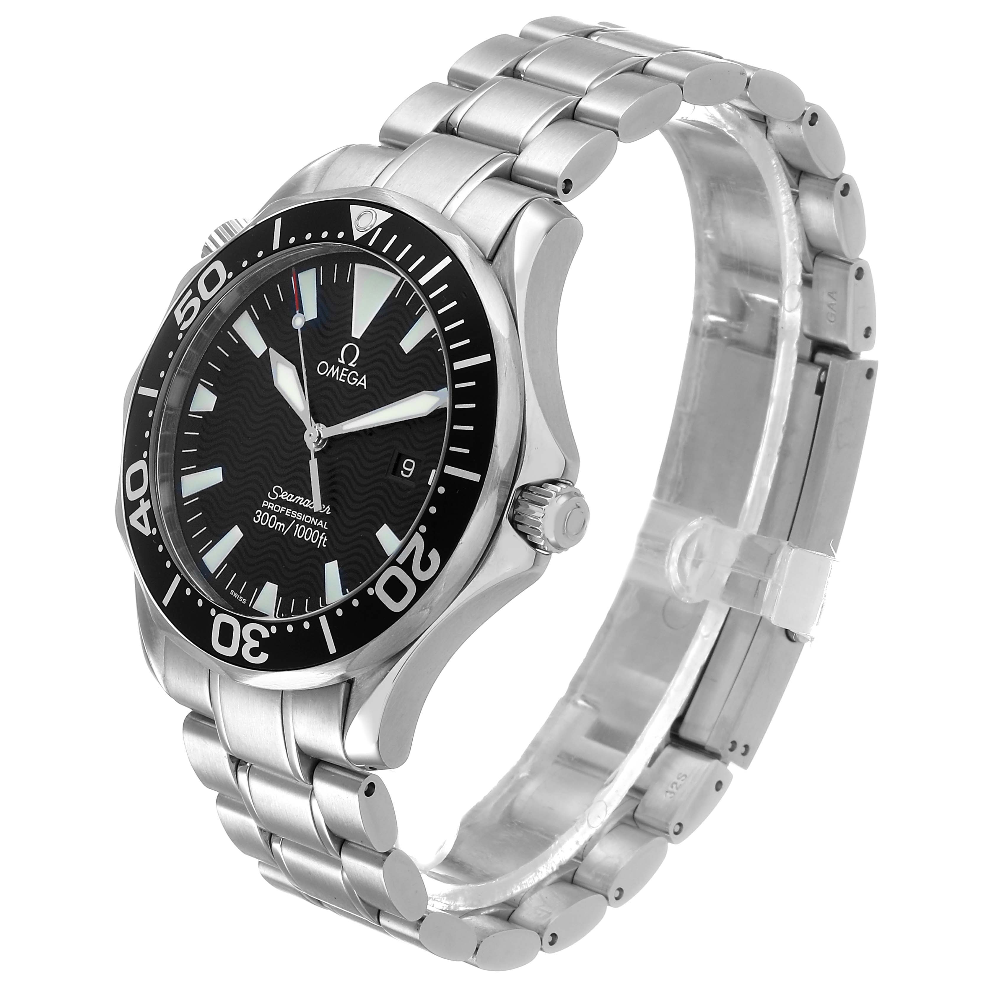 The Omega Seamaster 2264.50.00 Men's Stainless Steel Black Dial watch is shown at a three-quarter angle, highlighting its face, bezel, crown, and metal bracelet.