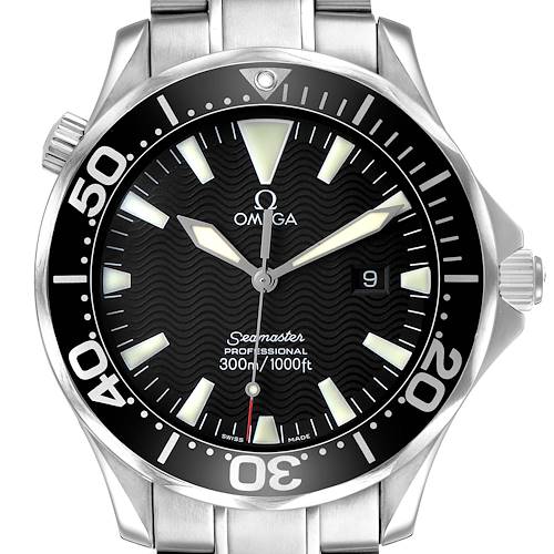 The Omega Seamaster 2264.50.00 Men's Stainless Steel Black Dial watch is shown from a front angle, highlighting its face, bezel, and bracelet.