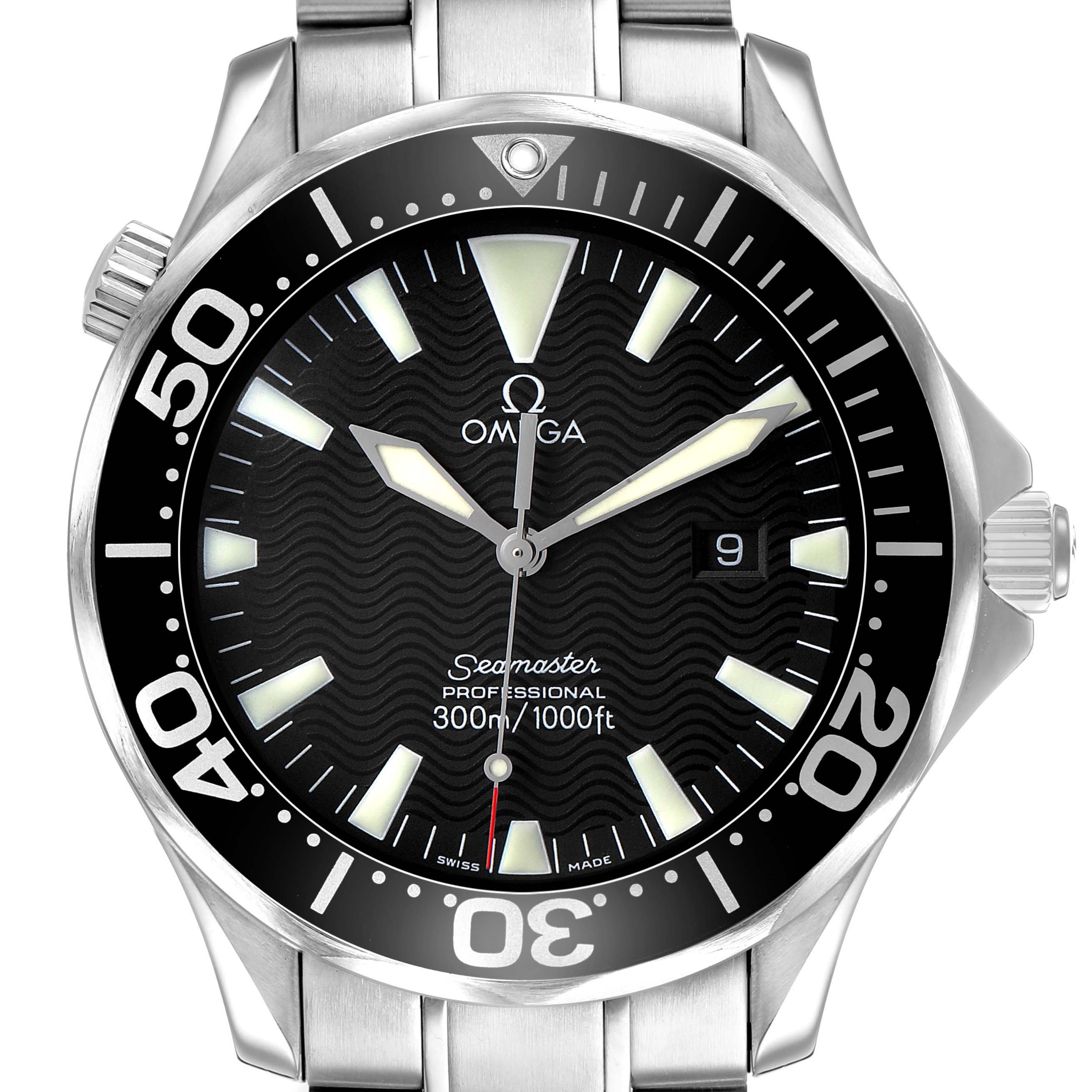 The Omega Seamaster 2264.50.00 Men's Stainless Steel Black Dial watch is shown from the front, highlighting the dial, bezel, hands, and part of the bracelet.