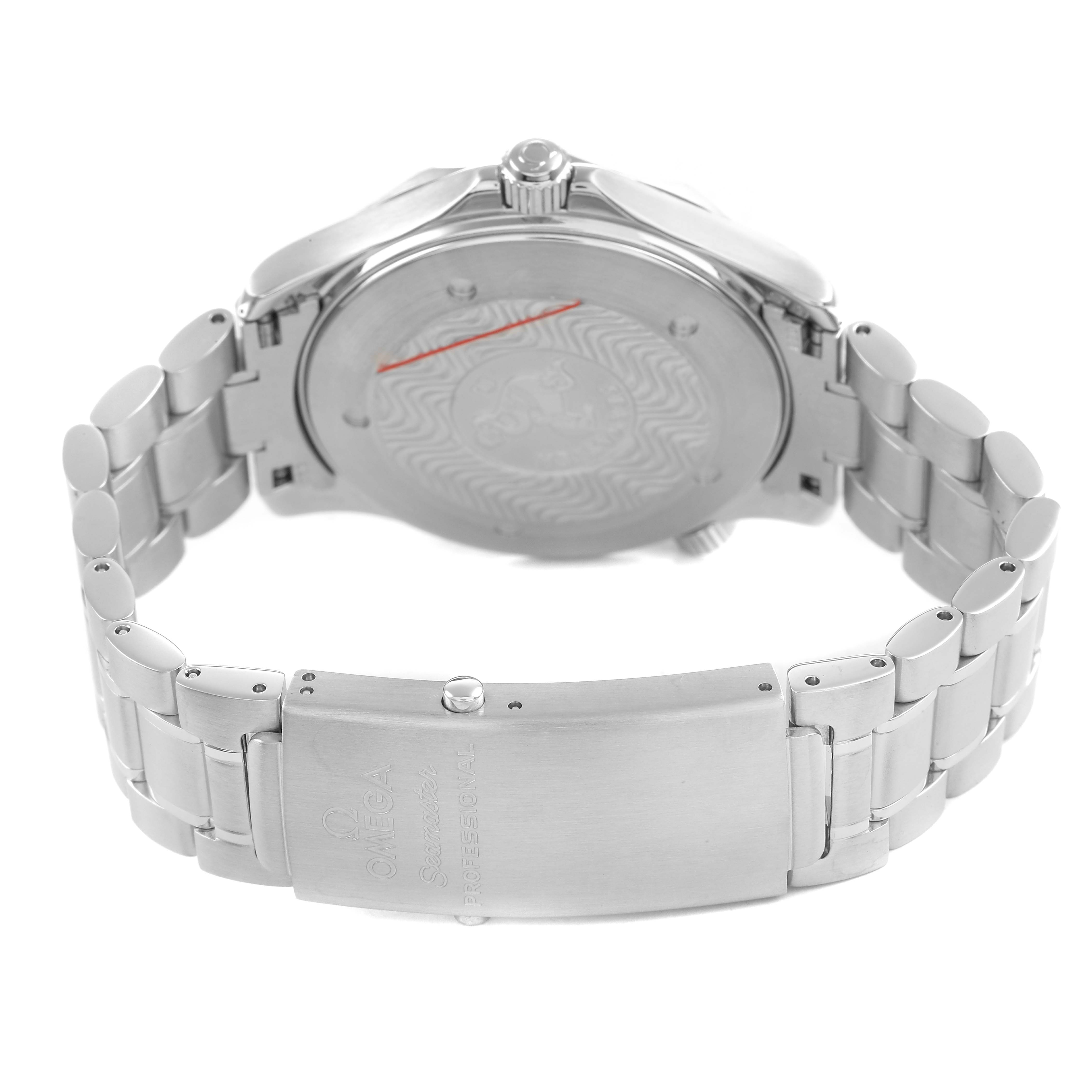 The image shows the back and clasp of an Omega Seamaster 2264.50.00 Men's Stainless Steel Black Dial watch, highlighting the bracelet and case back design.