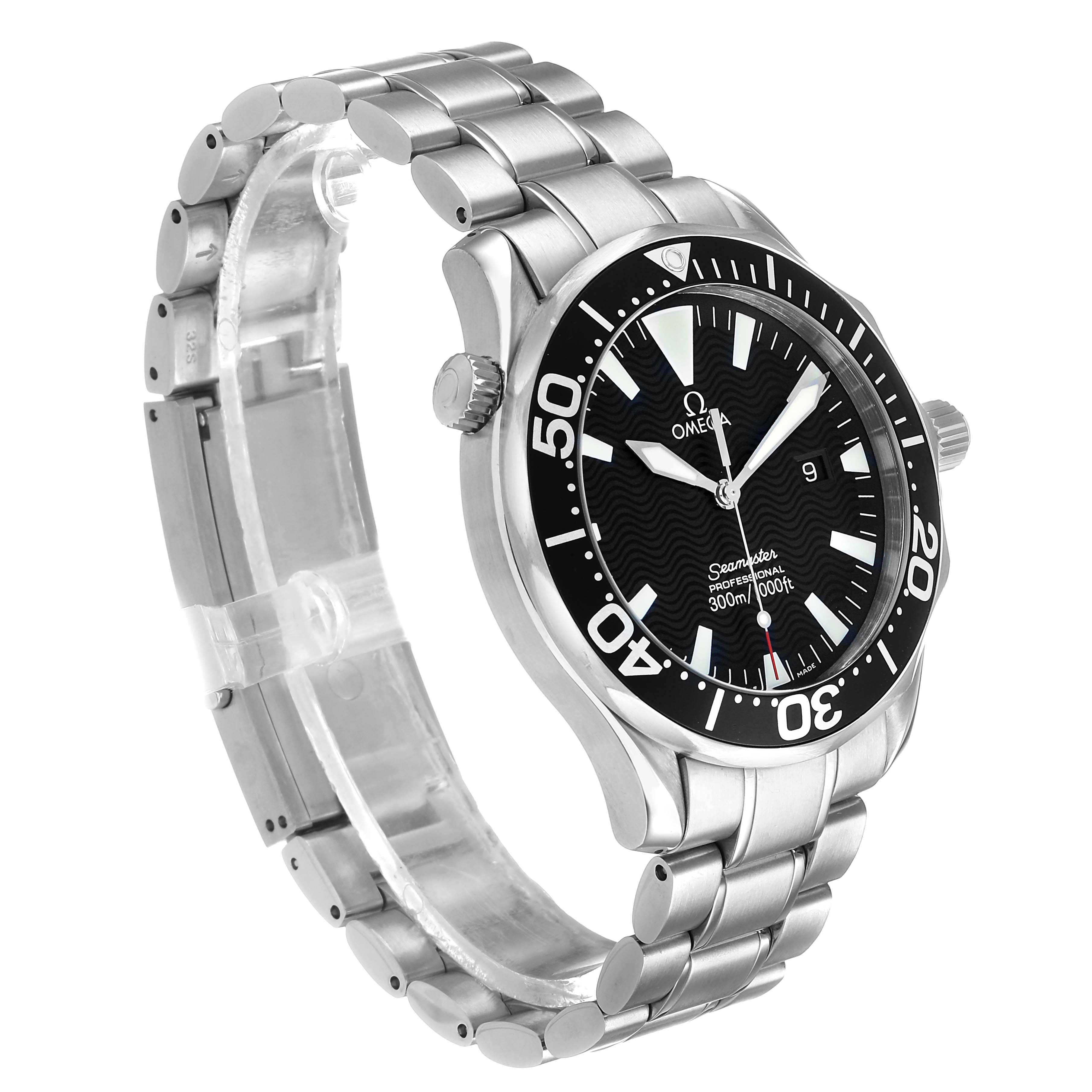 The Omega Seamaster 2264.50.00 Men's Stainless Steel Black Dial watch is shown at a three-quarter angle, displaying the bezel, dial, and stainless steel bracelet.