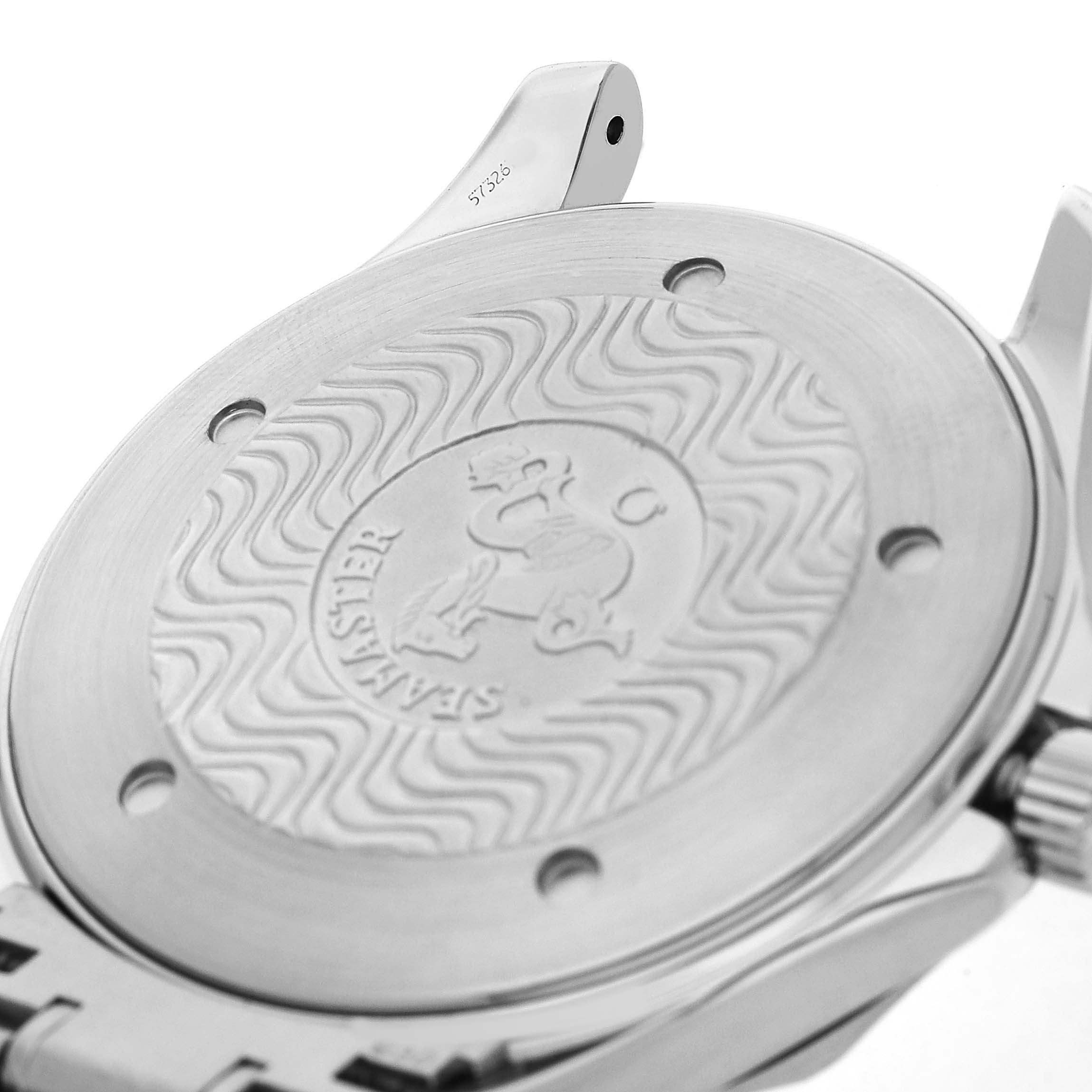 The image shows the back of the Omega Seamaster 2264.50.00 Men's Stainless Steel Black Dial watch case, featuring its engraved logo and wave pattern.